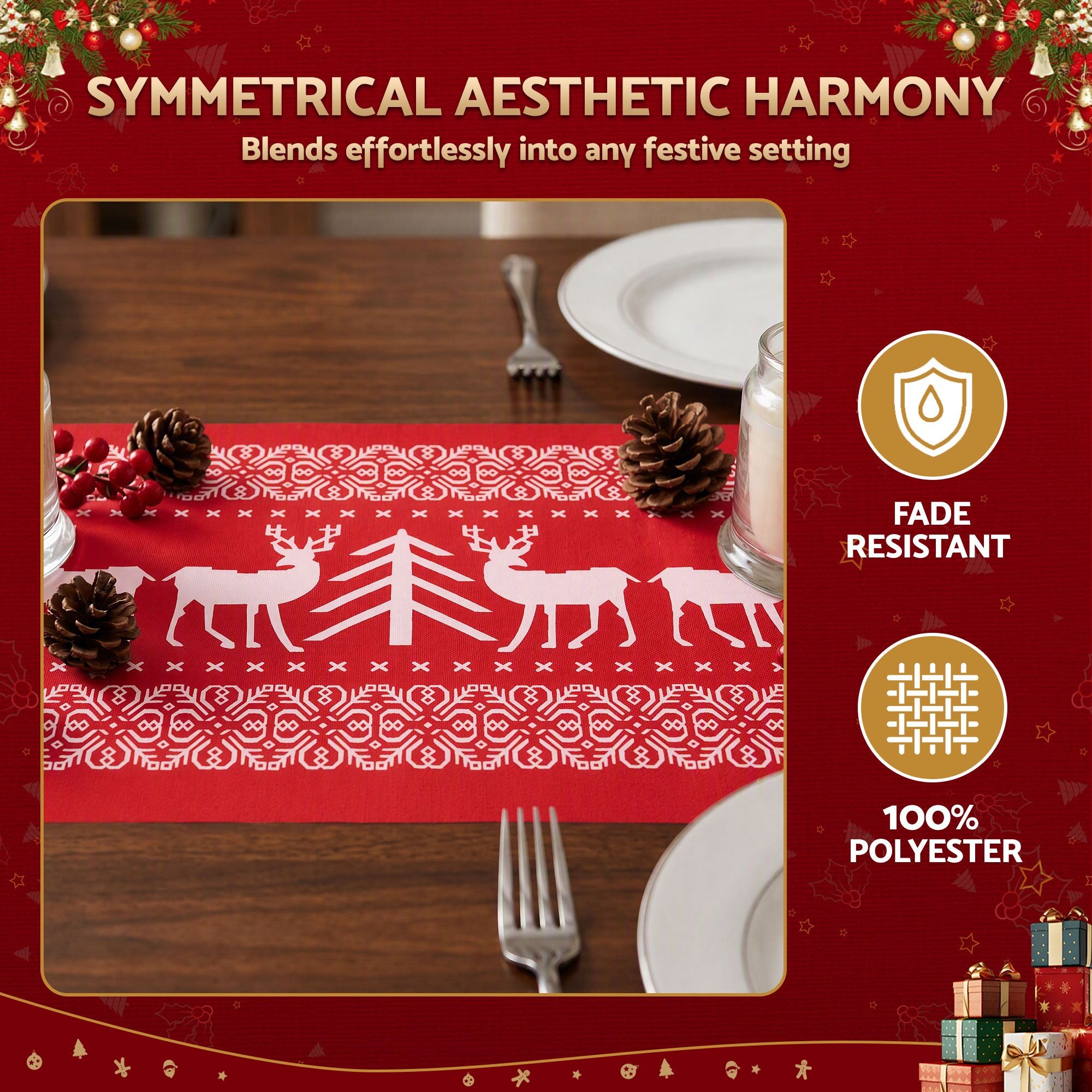 Christmas Table Runner Reindeers 270x28CM Dining Party Decor Red
