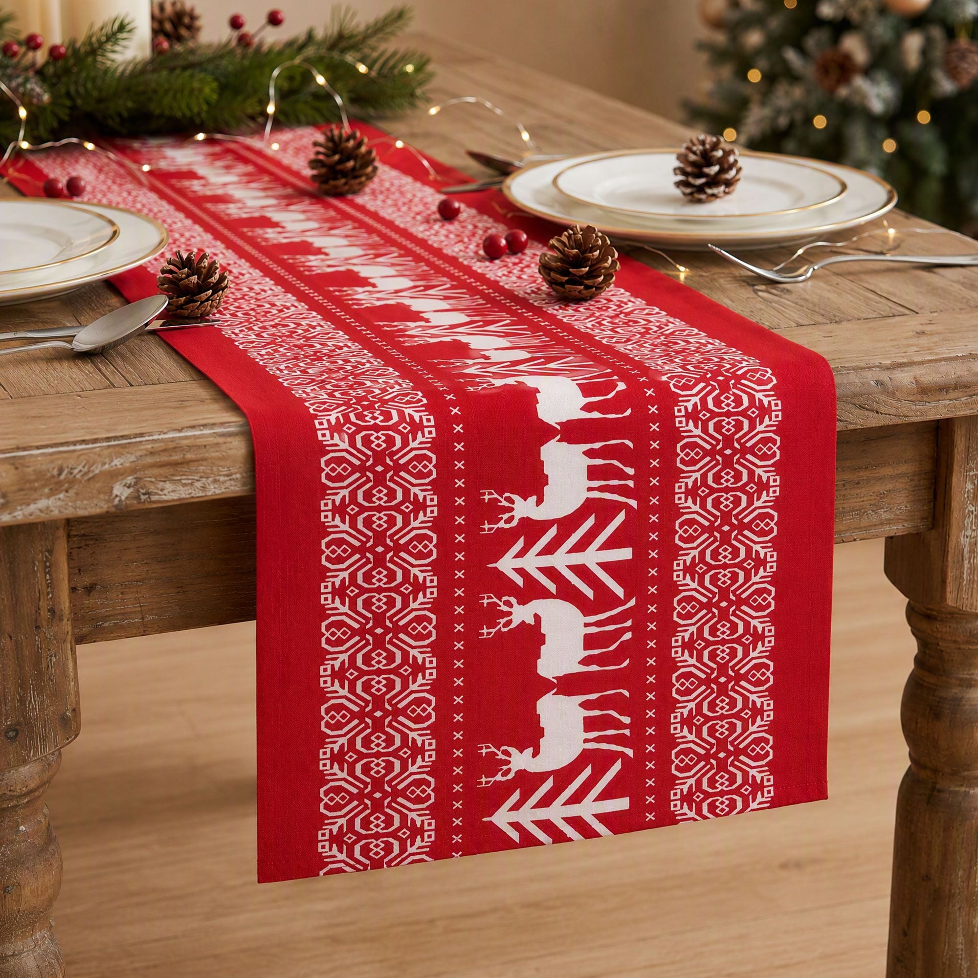Christmas Table Runner Reindeers 270x28CM Dining Party Decor Red