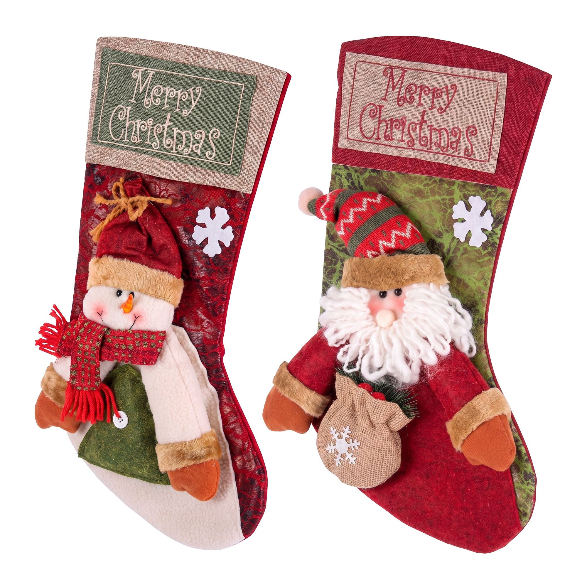 Christmas Stockings 2 Pack Large 3D Plush Santa Snowman 43.5cm Christmas Decor for Family Holiday Christmas Party Decorations