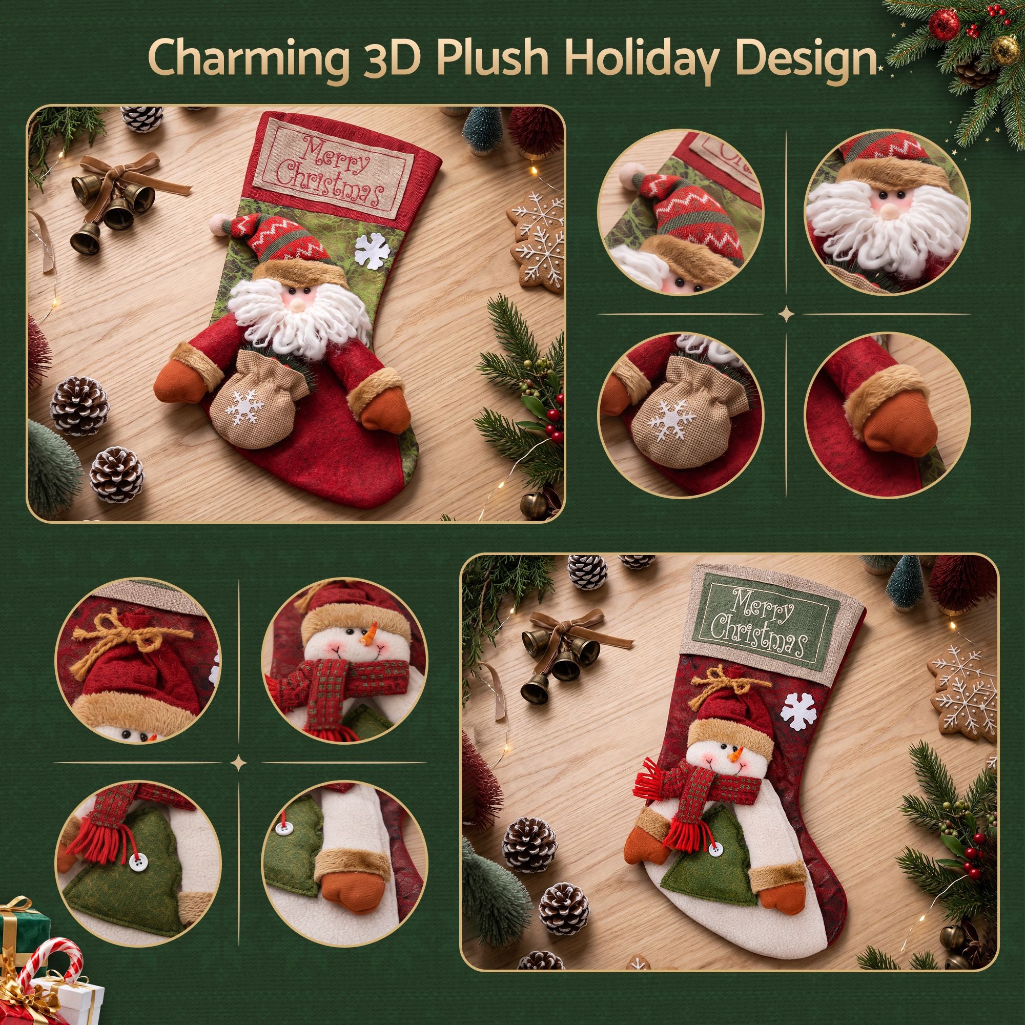 Christmas Stockings 2 Pack Large 3D Plush Santa Snowman 43.5cm Christmas Decor for Family Holiday Christmas Party Decorations