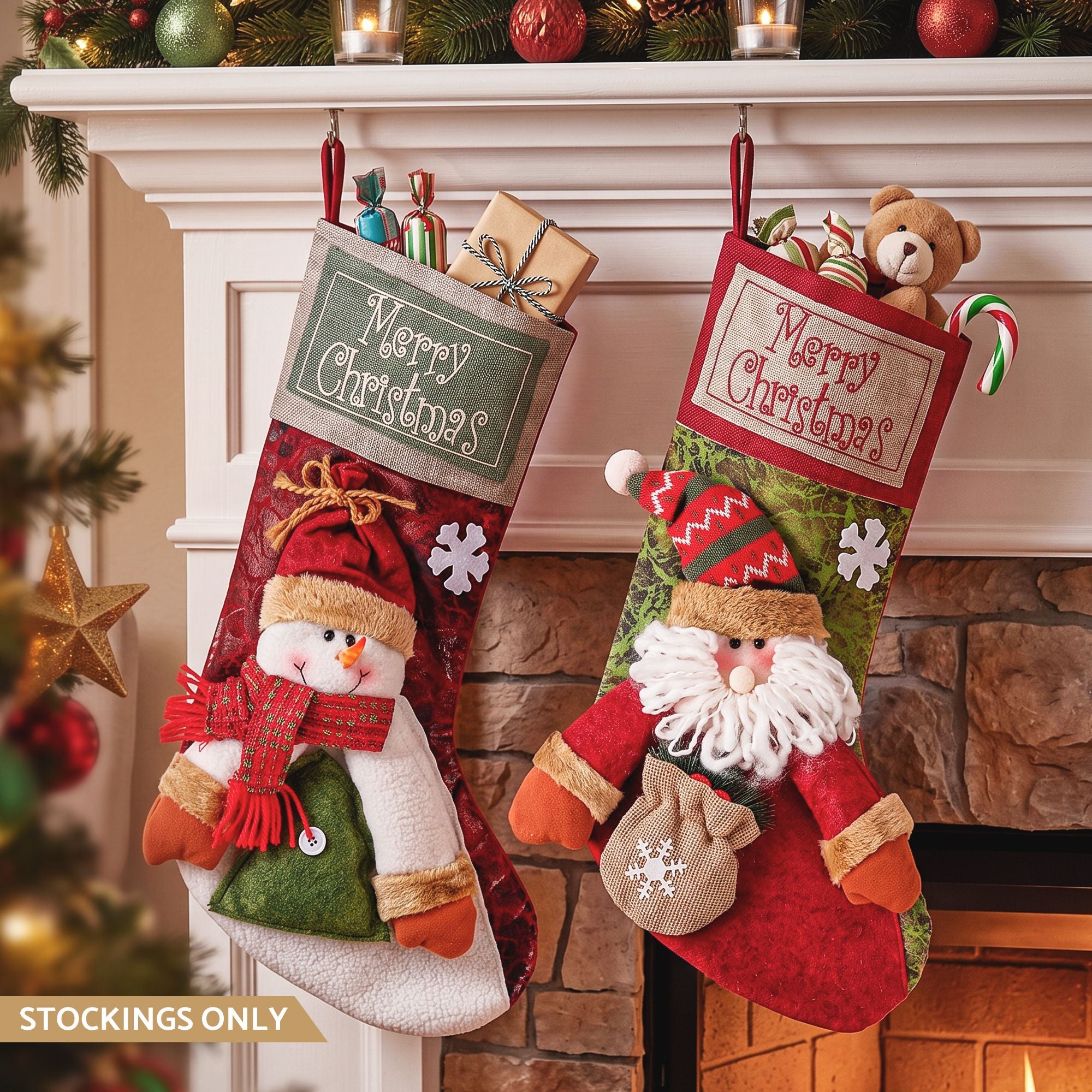 Christmas Stockings 2 Pack Large 3D Plush Santa Snowman 43.5cm Christmas Decor for Family Holiday Christmas Party Decorations