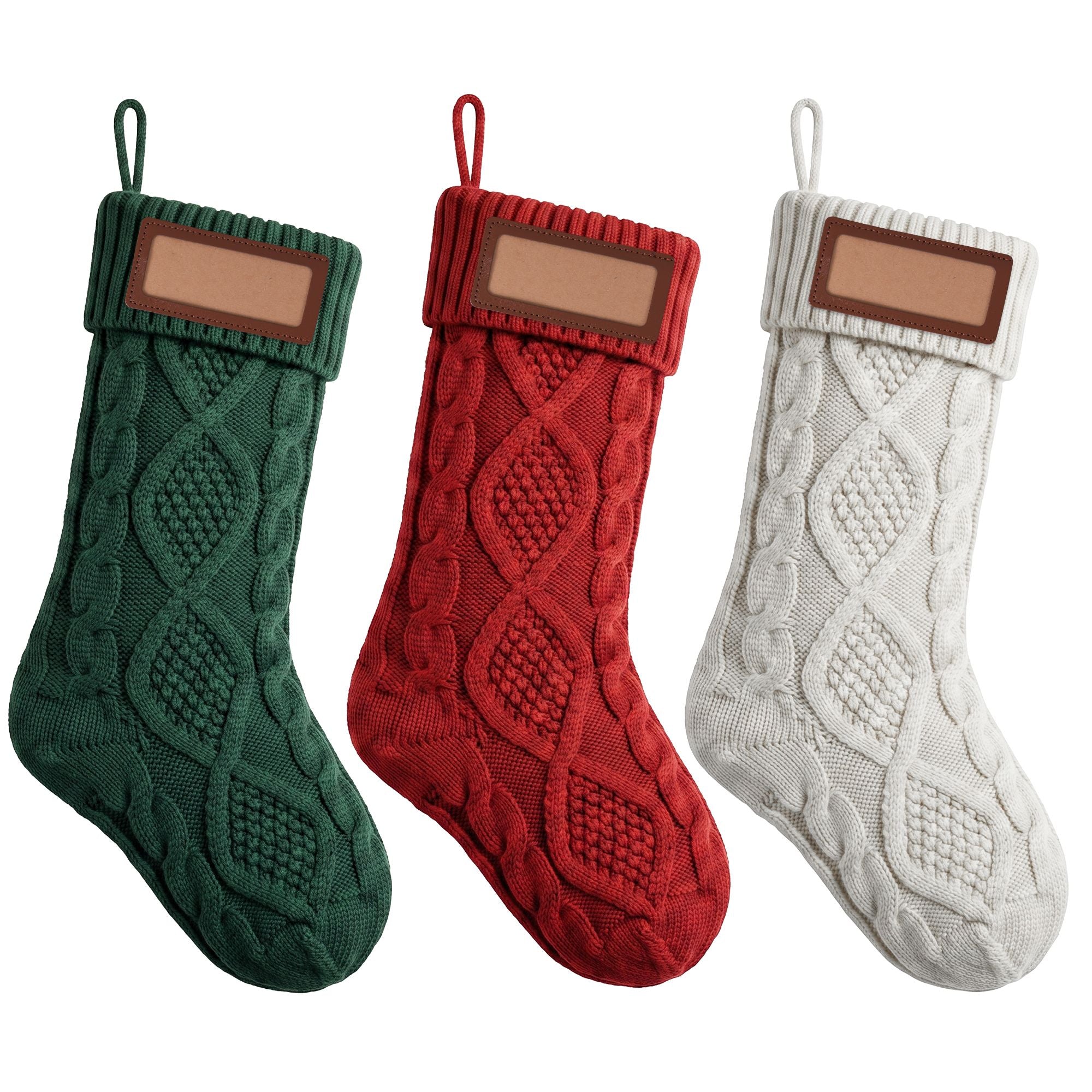 3PCS Personalized Christmas Stockings with Leather Patches 16 Inch Knitted Solid Colour Xmas Decor For Fireplace Mantel, Christmas Tree, Home Decoration & Holiday Party Displays