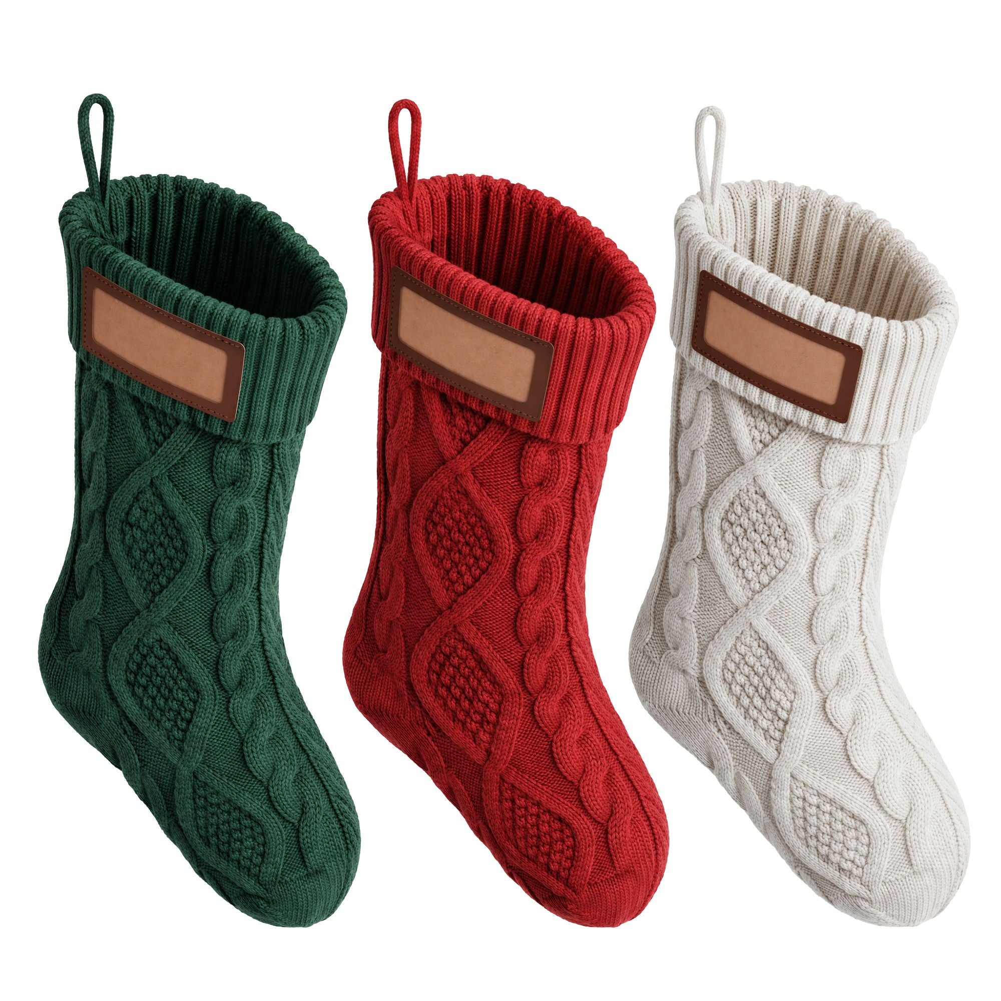 3PCS Personalized Christmas Stockings with Leather Patches 16 Inch Knitted Solid Colour Xmas Decor For Fireplace Mantel, Christmas Tree, Home Decoration & Holiday Party Displays
