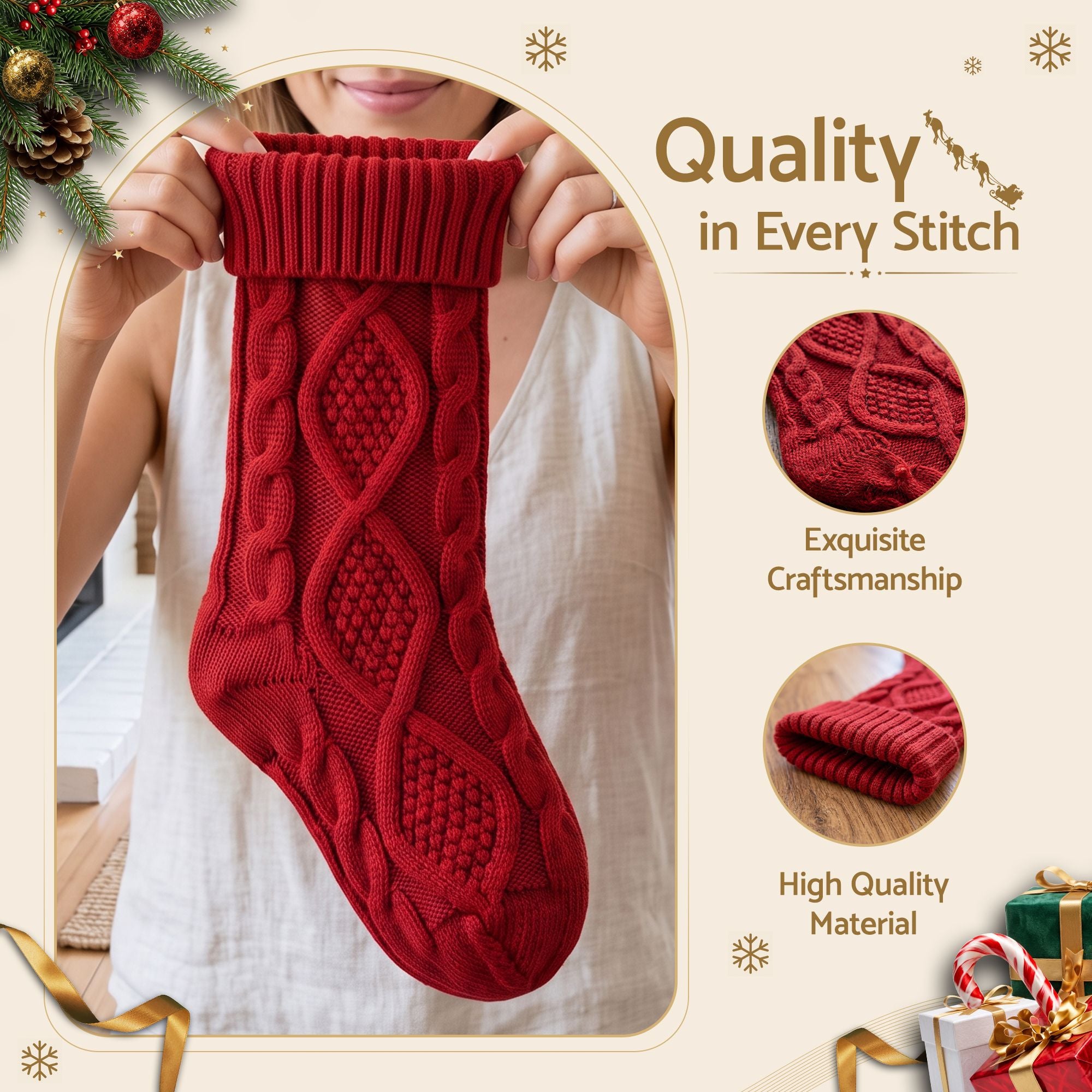 3PCS Personalized Christmas Stockings with Leather Patches 16 Inch Knitted Solid Colour Xmas Decor For Fireplace Mantel, Christmas Tree, Home Decoration & Holiday Party Displays