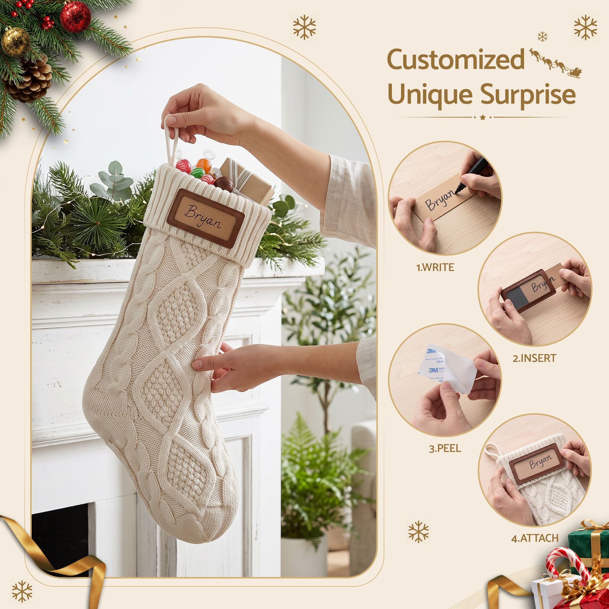 3PCS Personalized Christmas Stockings with Leather Patches 16 Inch Knitted Solid Colour Xmas Decor For Fireplace Mantel, Christmas Tree, Home Decoration & Holiday Party Displays