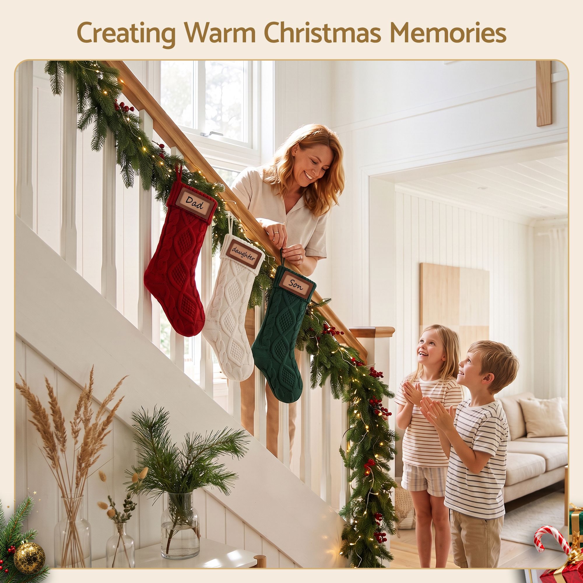 3PCS Personalized Christmas Stockings with Leather Patches 16 Inch Knitted Solid Colour Xmas Decor For Fireplace Mantel, Christmas Tree, Home Decoration & Holiday Party Displays