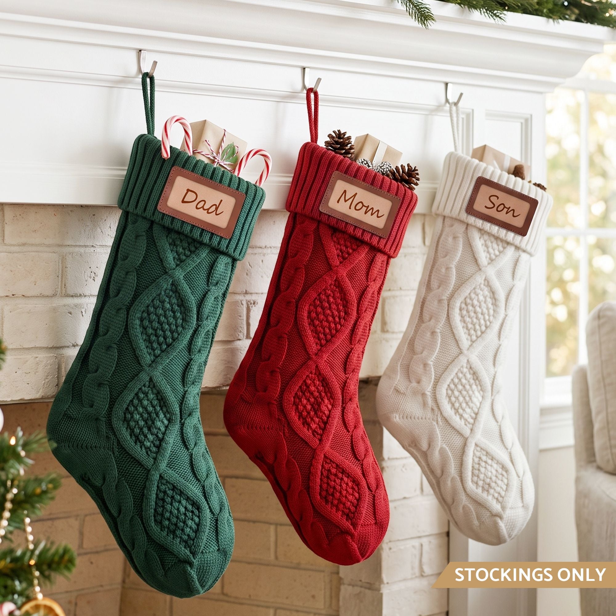 3PCS Personalized Christmas Stockings with Leather Patches 16 Inch Knitted Solid Colour Xmas Decor For Fireplace Mantel, Christmas Tree, Home Decoration & Holiday Party Displays