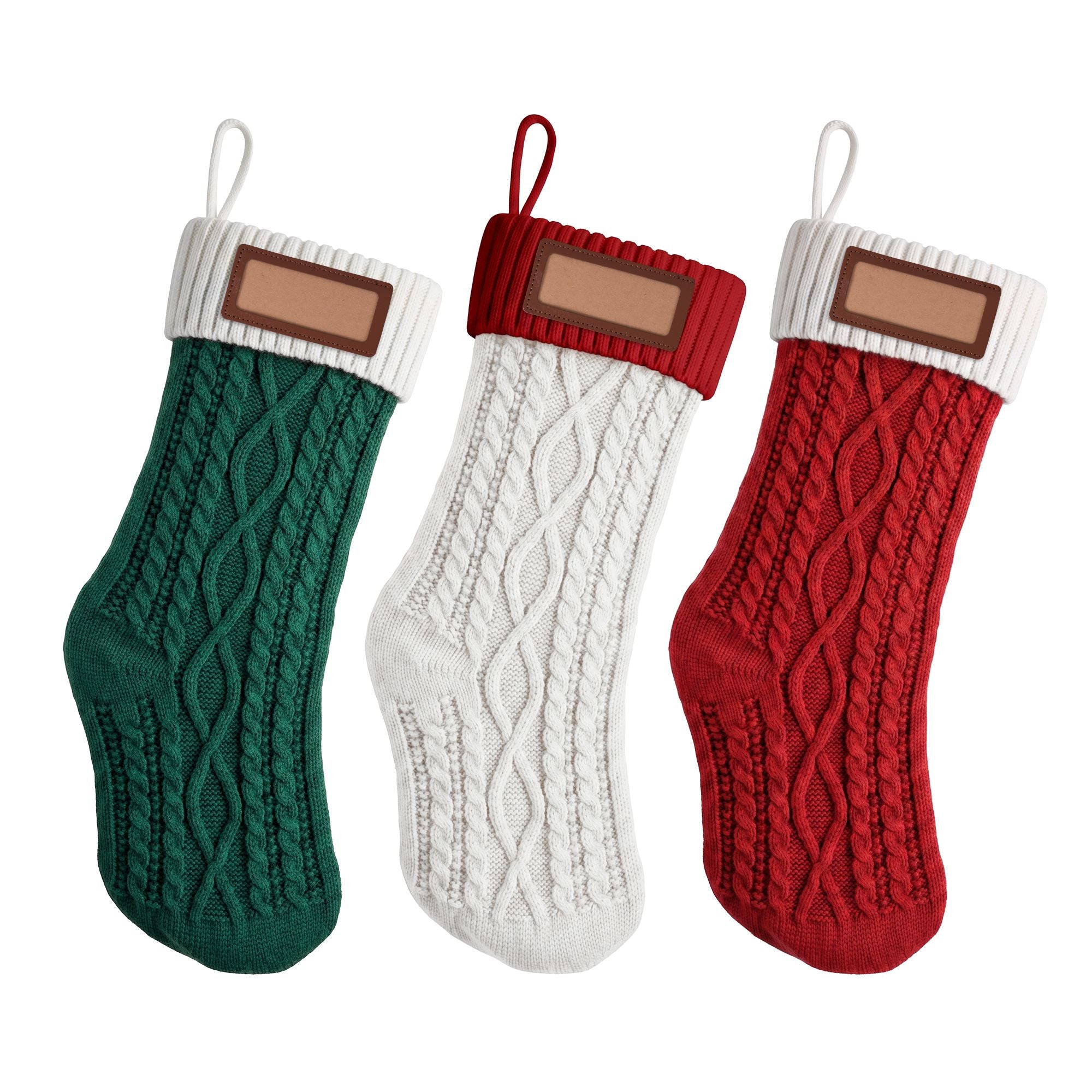 3PCS Personalized Christmas Stockings with Leather Patches, 16 Inch Knitted Contrast Colour Xmas Hanging Decor For Fireplace Mantel, Christmas Tree, Home Decoration & Holiday Party Displays
