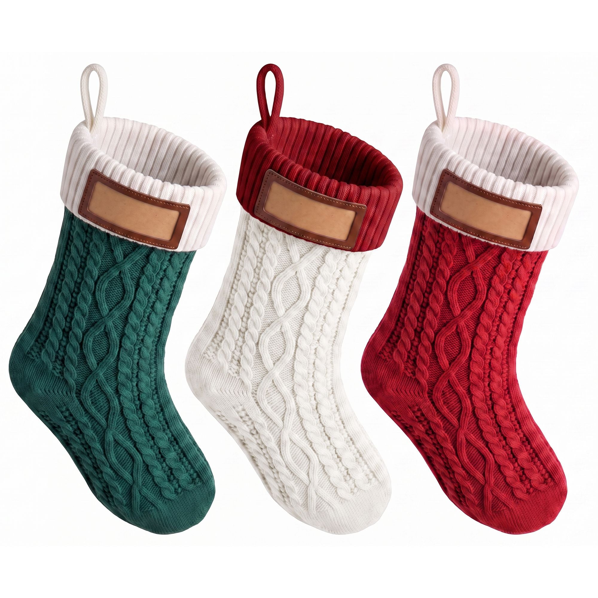 3PCS Personalized Christmas Stockings with Leather Patches, 16 Inch Knitted Contrast Colour Xmas Hanging Decor For Fireplace Mantel, Christmas Tree, Home Decoration & Holiday Party Displays