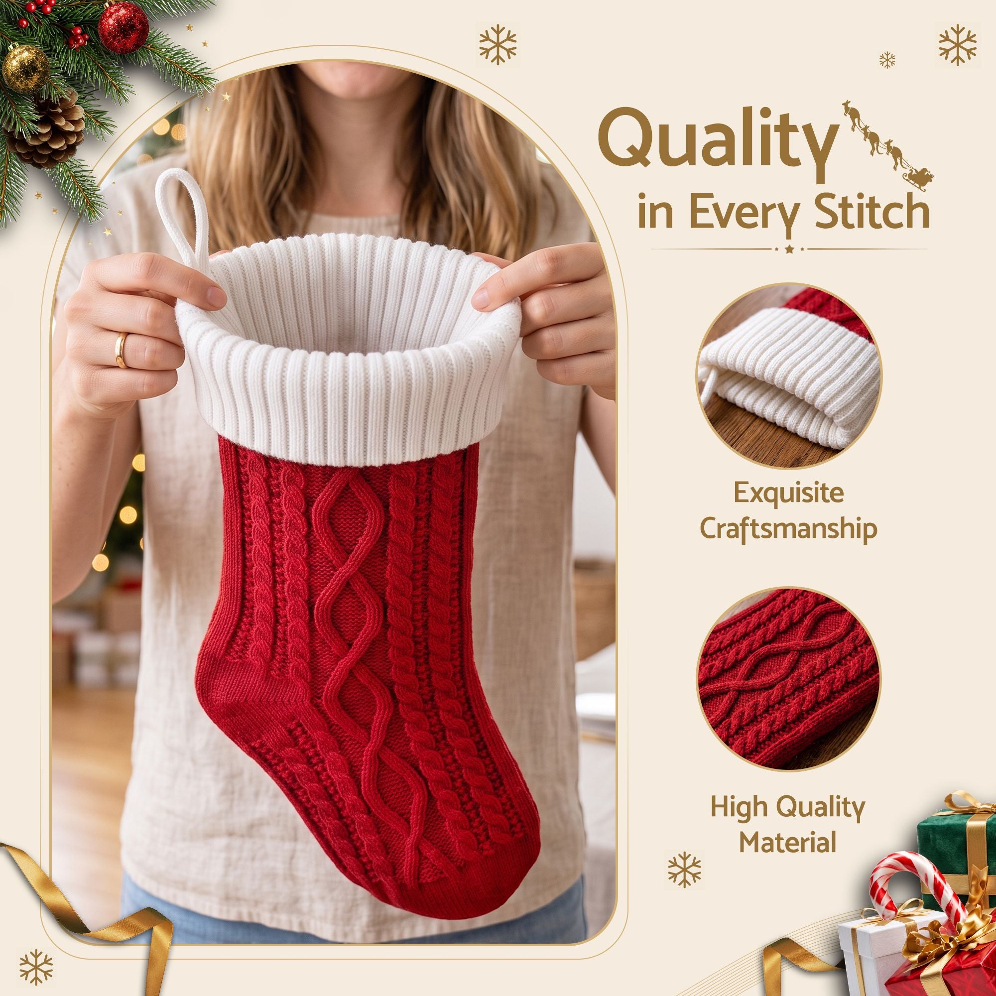 3PCS Personalized Christmas Stockings with Leather Patches, 16 Inch Knitted Contrast Colour Xmas Hanging Decor For Fireplace Mantel, Christmas Tree, Home Decoration & Holiday Party Displays