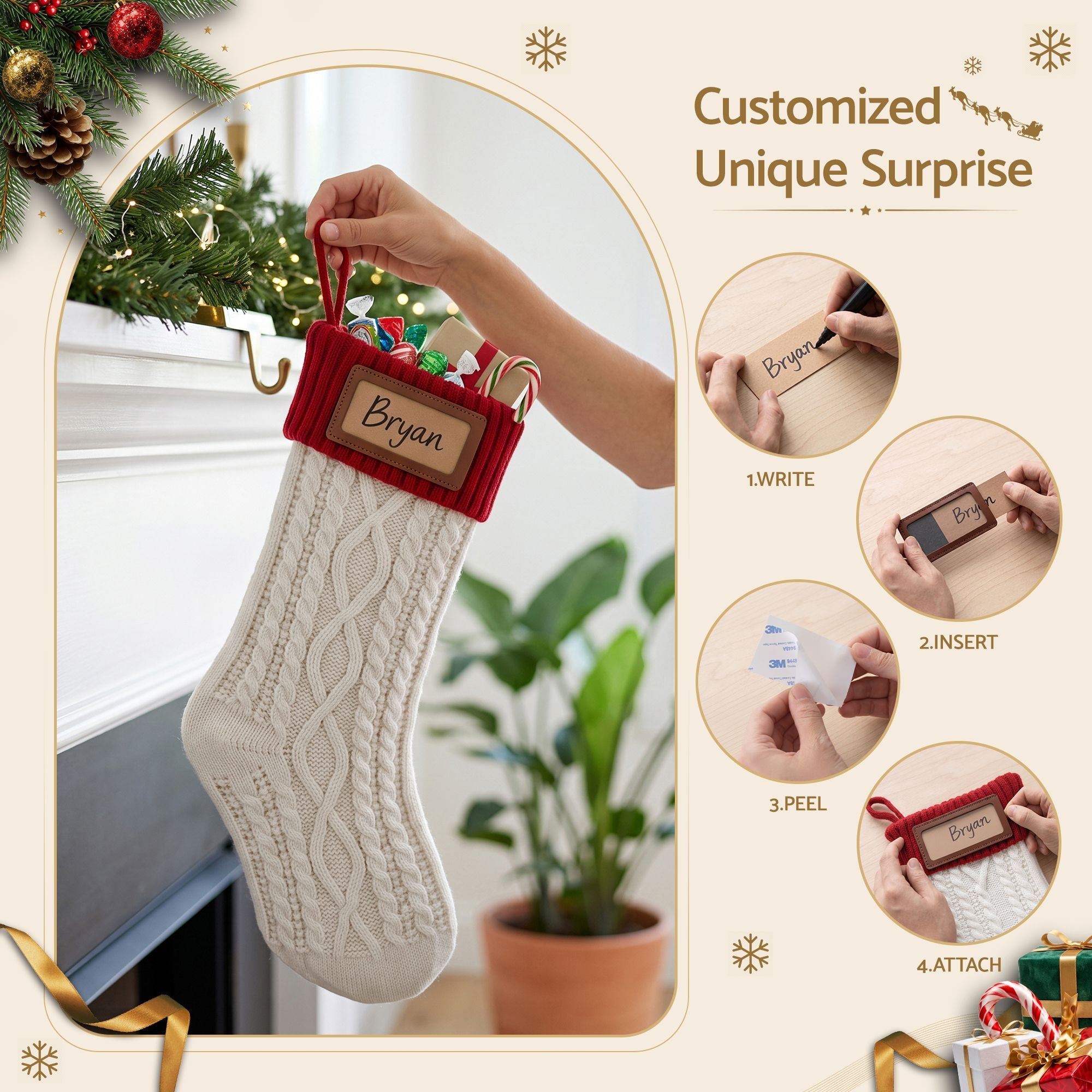 3PCS Personalized Christmas Stockings with Leather Patches, 16 Inch Knitted Contrast Colour Xmas Hanging Decor For Fireplace Mantel, Christmas Tree, Home Decoration & Holiday Party Displays