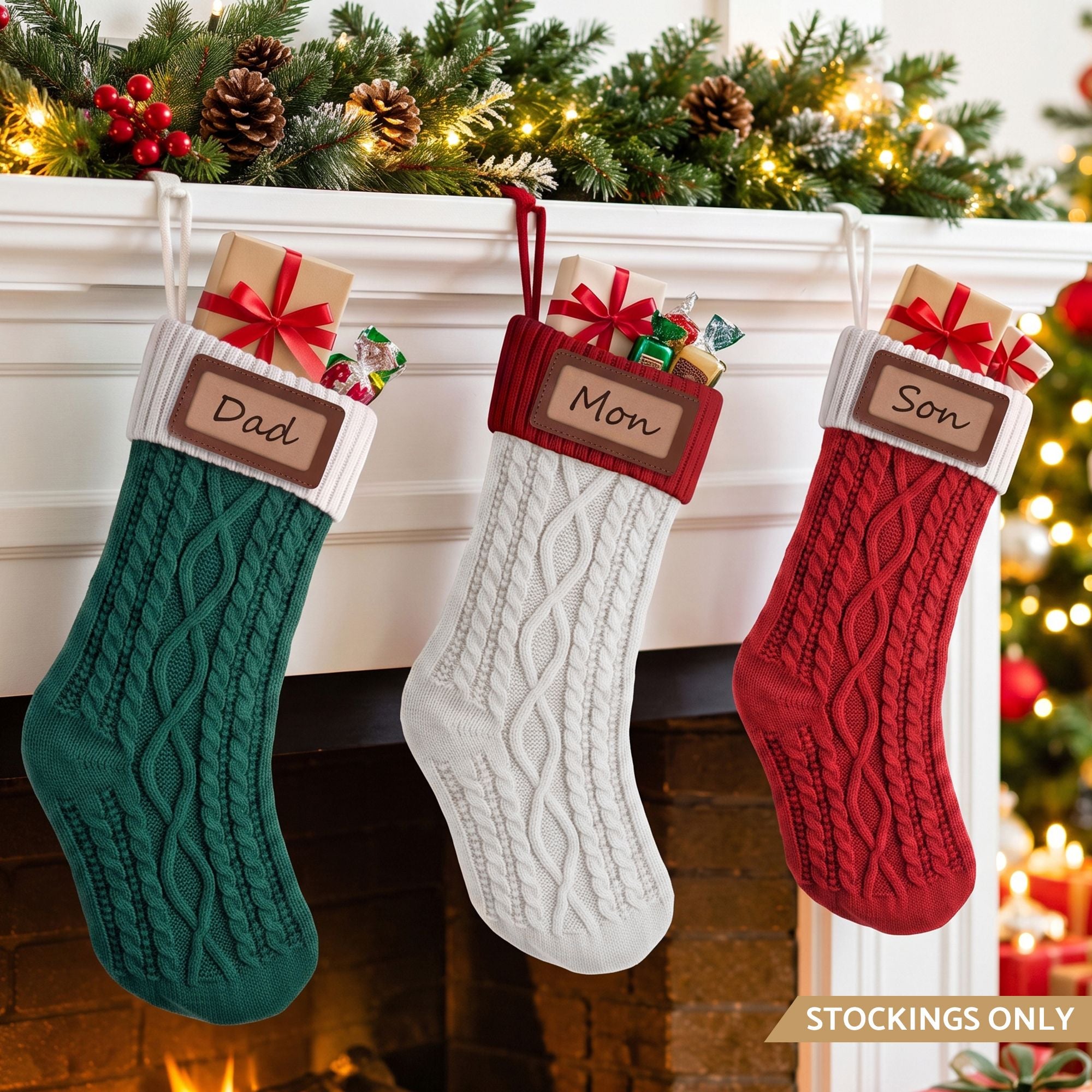 3PCS Personalized Christmas Stockings with Leather Patches, 16 Inch Knitted Contrast Colour Xmas Hanging Decor For Fireplace Mantel, Christmas Tree, Home Decoration & Holiday Party Displays