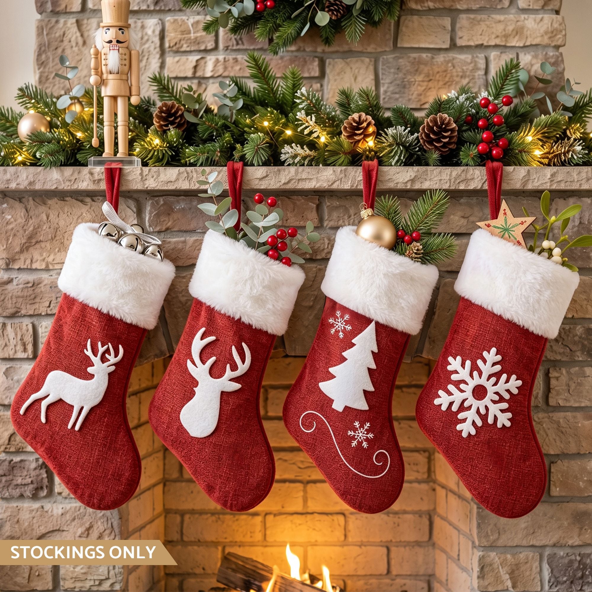 4 Pack Large Velvet Christmas Stockings 46.5cm Red White Decor Perfect For Gift Ideal, Fireplace Mantels Christmas Trees Holiday Party Decorations