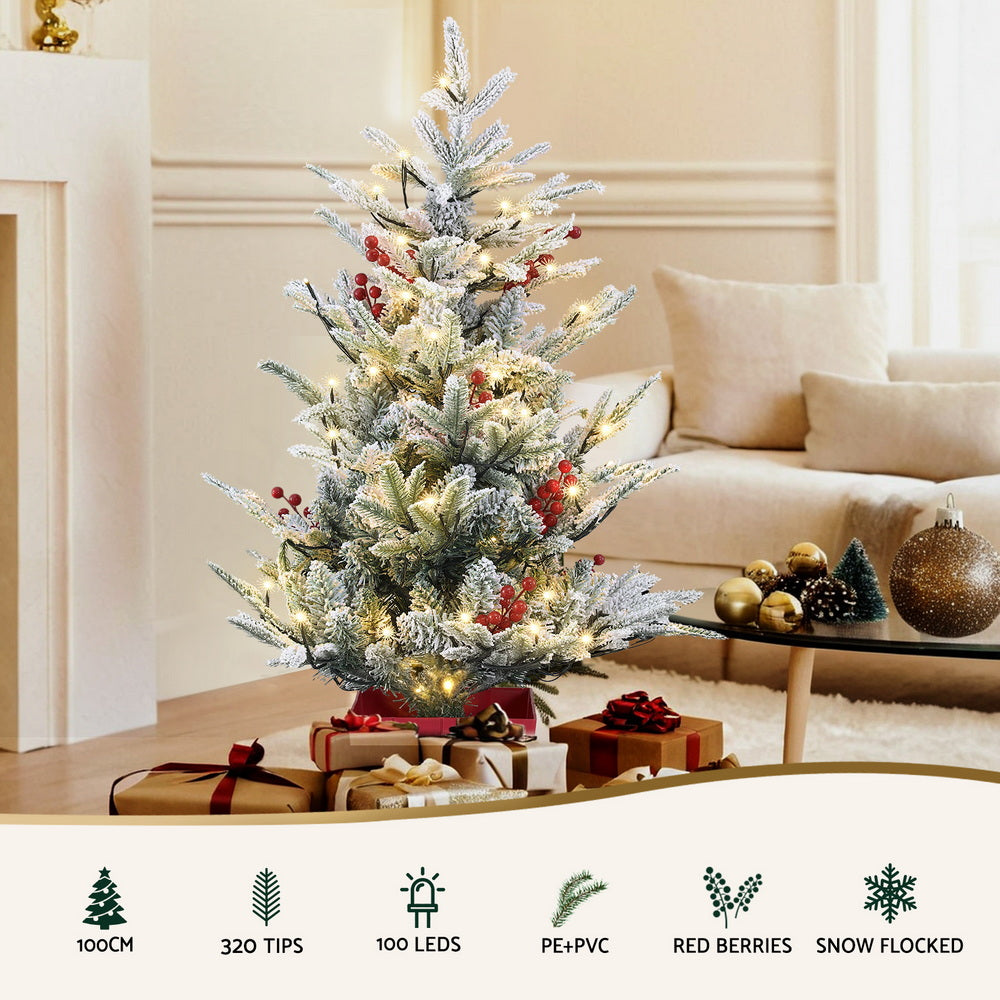 Christmas Tree 1M LED Potted Xmas Party Decor Red Barries Flocked