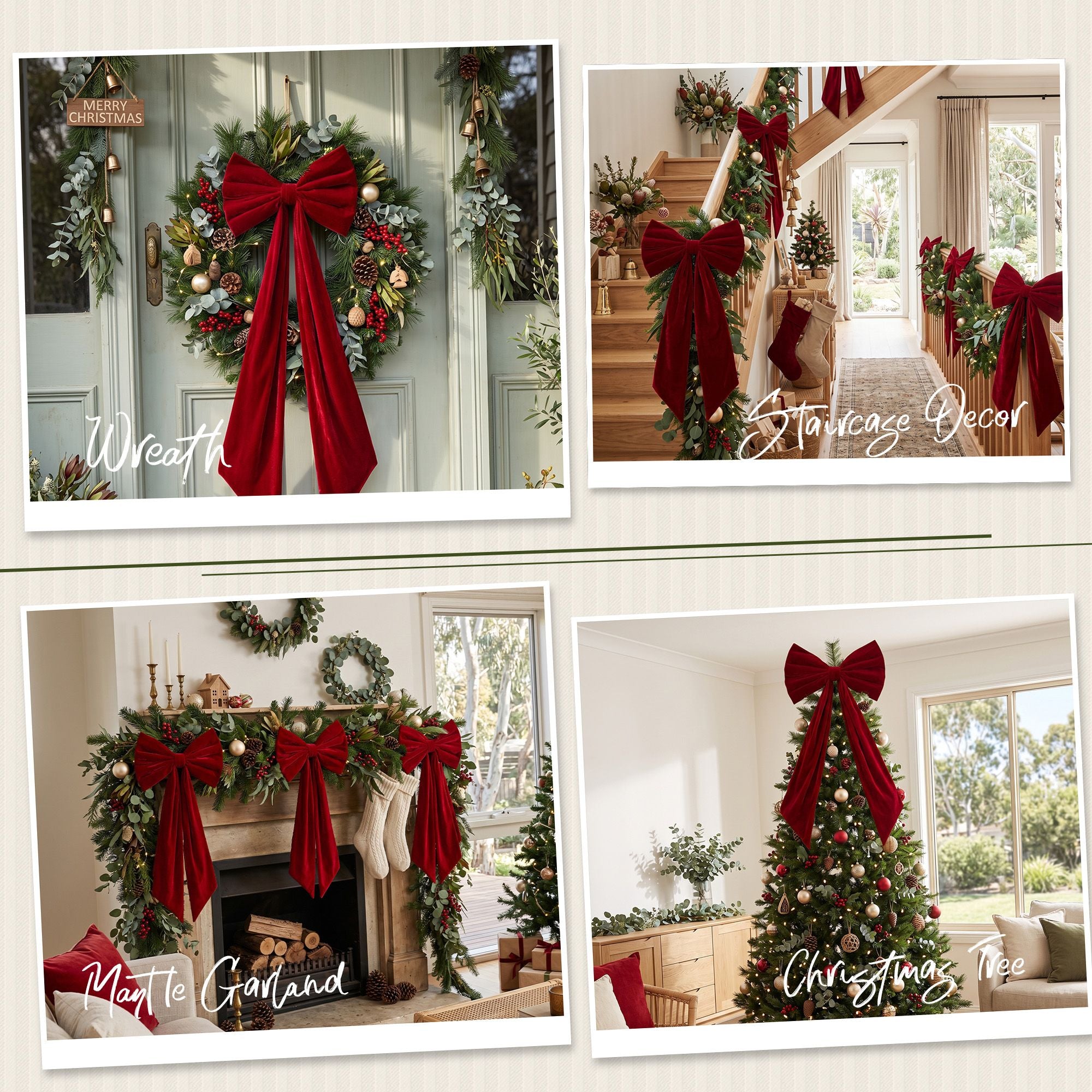 Red Velvet Christmas Bows Tree Decorations Xmas Ornaments
