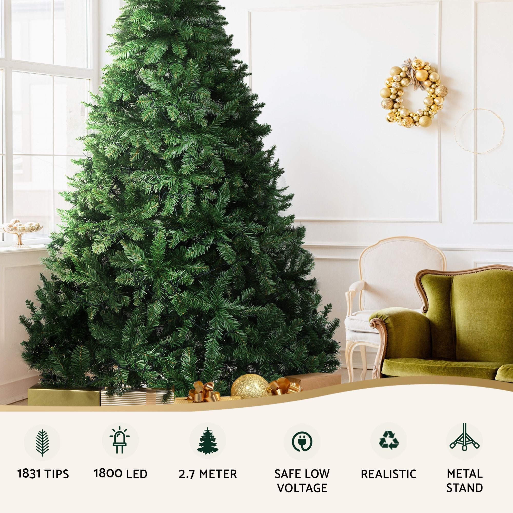Christmas Tree 2.7m Xmas Tree Decorations 1800 LEDs 1831 Tips 8 Light Modes