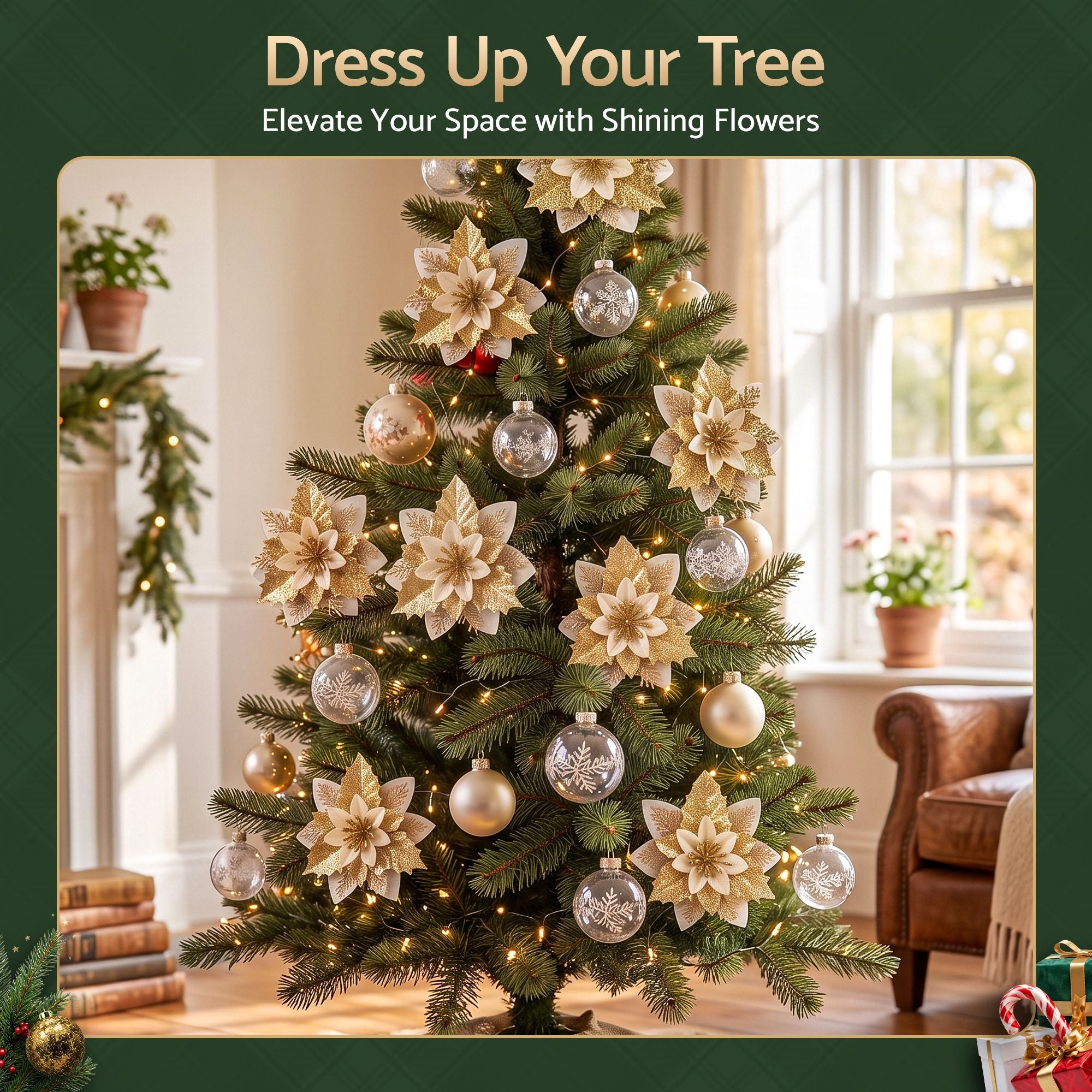10Pcs Christmas Tree Flower Set Garland Wreath Poinsettia Decorations