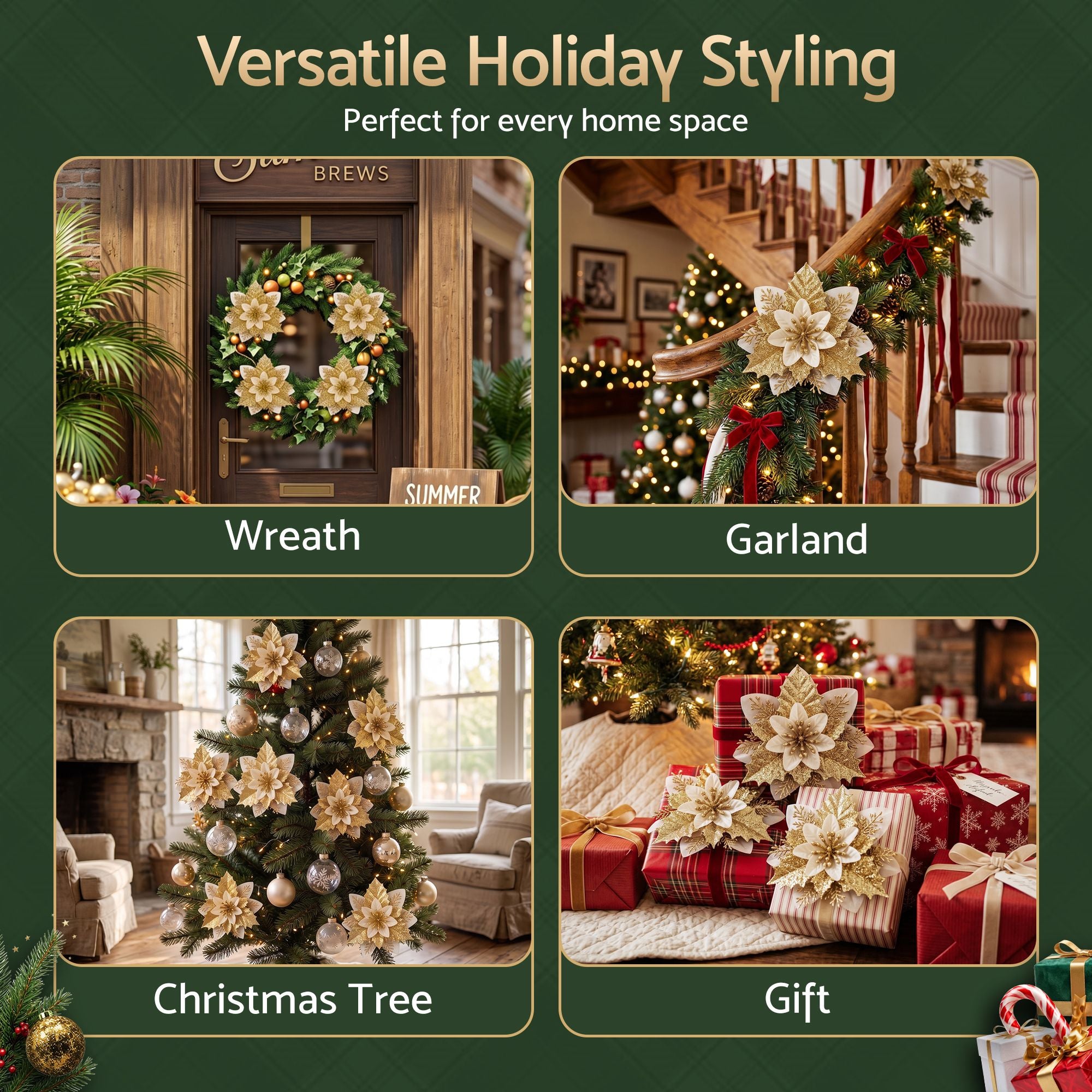 10Pcs Christmas Tree Flower Set Garland Wreath Poinsettia Decorations