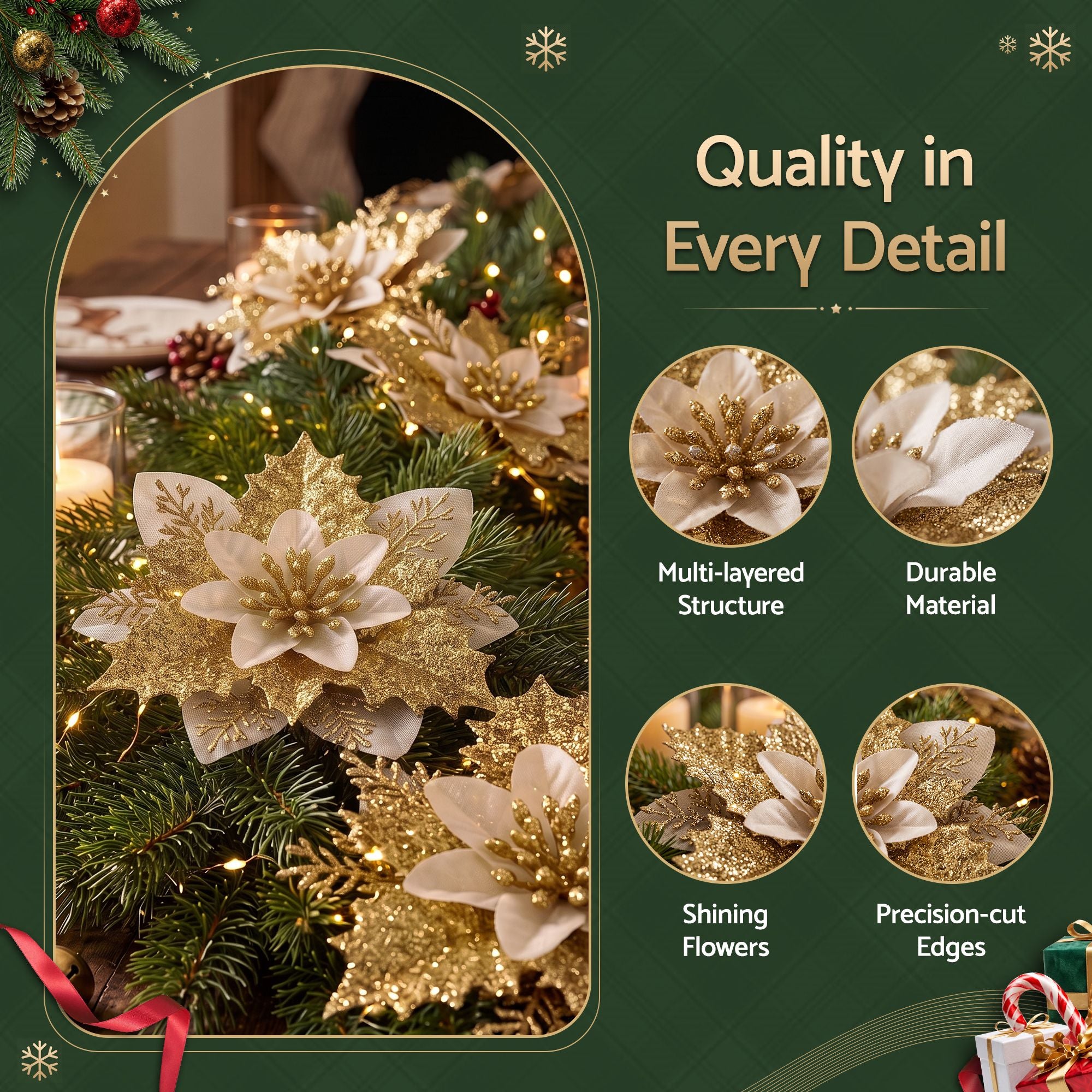 10Pcs Christmas Tree Flower Set Garland Wreath Poinsettia Decorations
