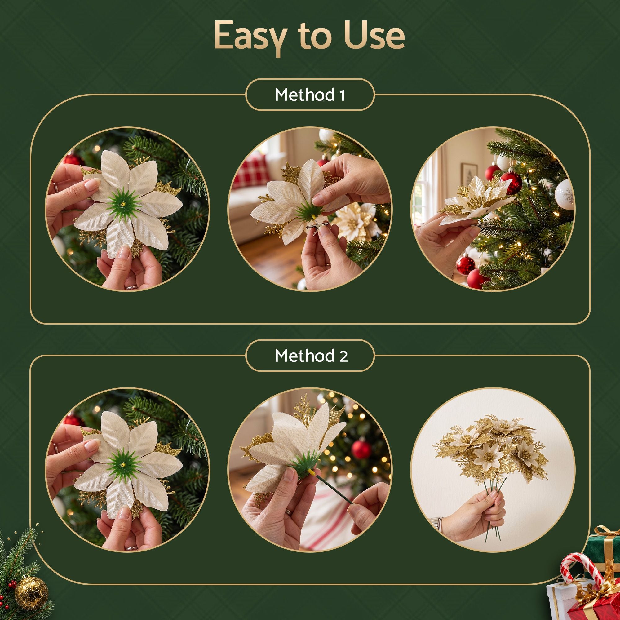 10Pcs Christmas Tree Flower Set Garland Wreath Poinsettia Decorations