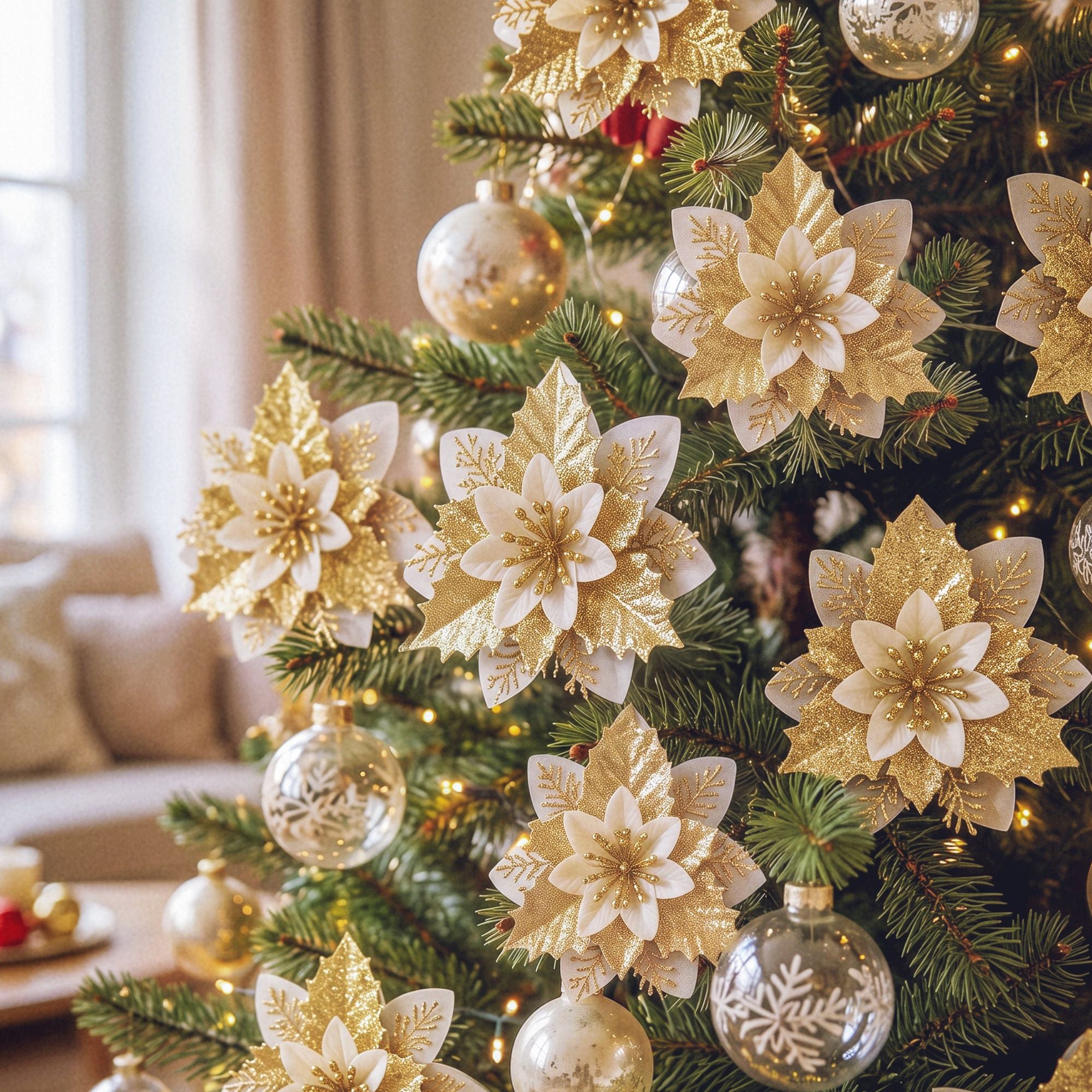10Pcs Christmas Tree Flower Set Garland Wreath Poinsettia Decorations