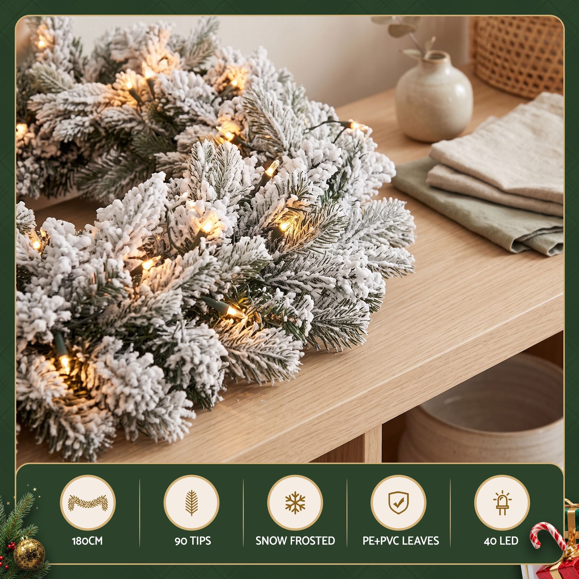 1.8M Christmas Garland 8 Mode LED Snow Frosted Tips Auto Timing