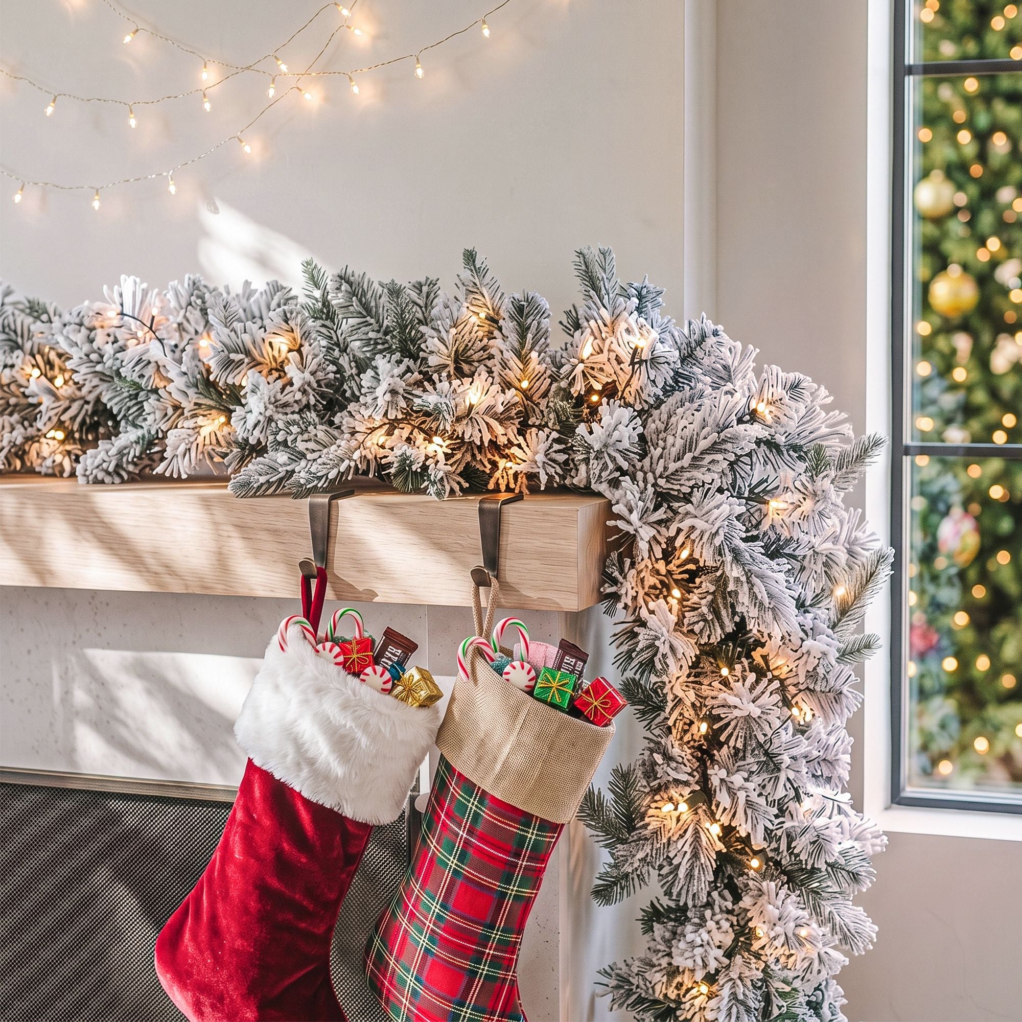 1.8M Christmas Garland 8 Mode LED Snow Frosted Tips Auto Timing