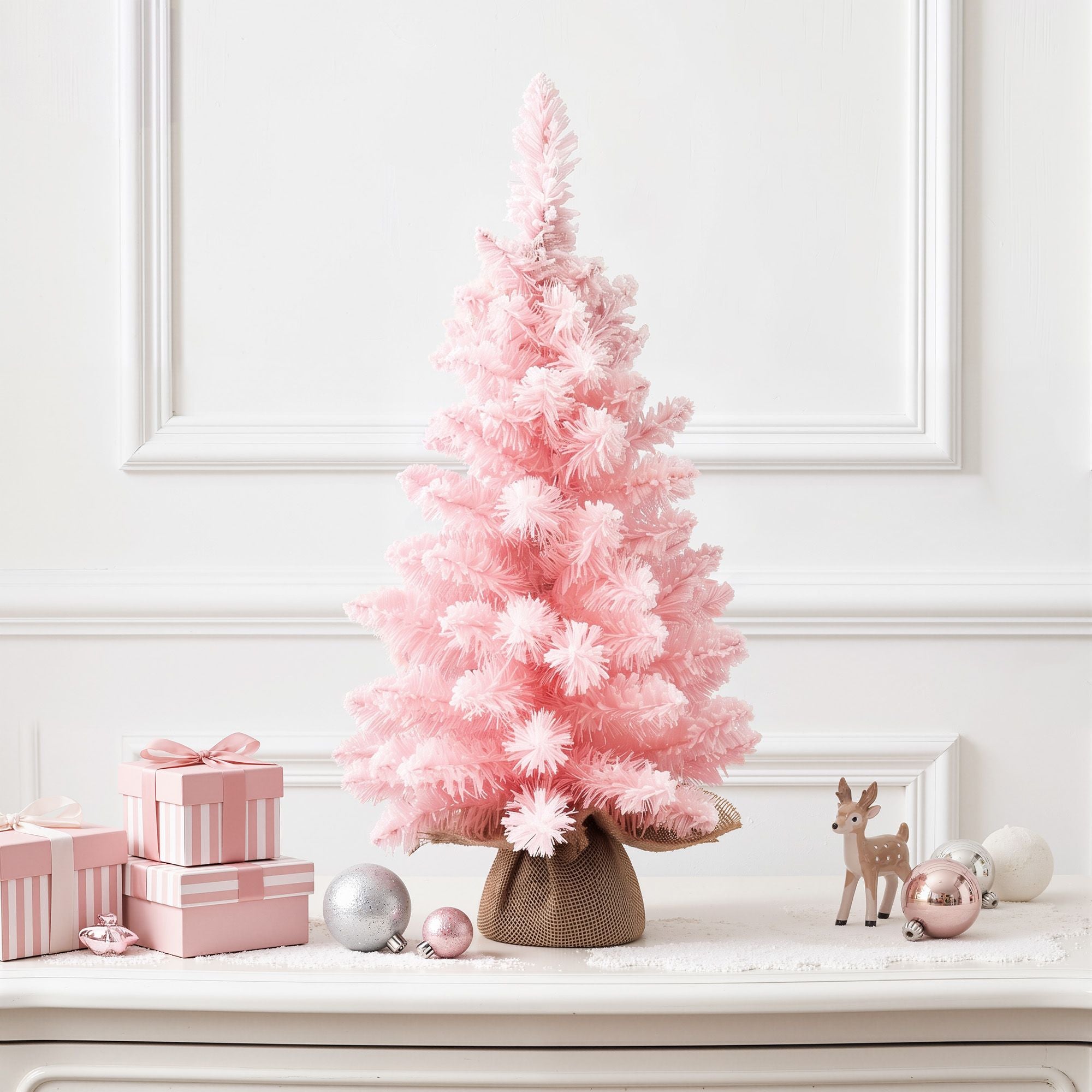 60cm Flocked Pink Christmas Tree Mini Tabletop Xmas Tree