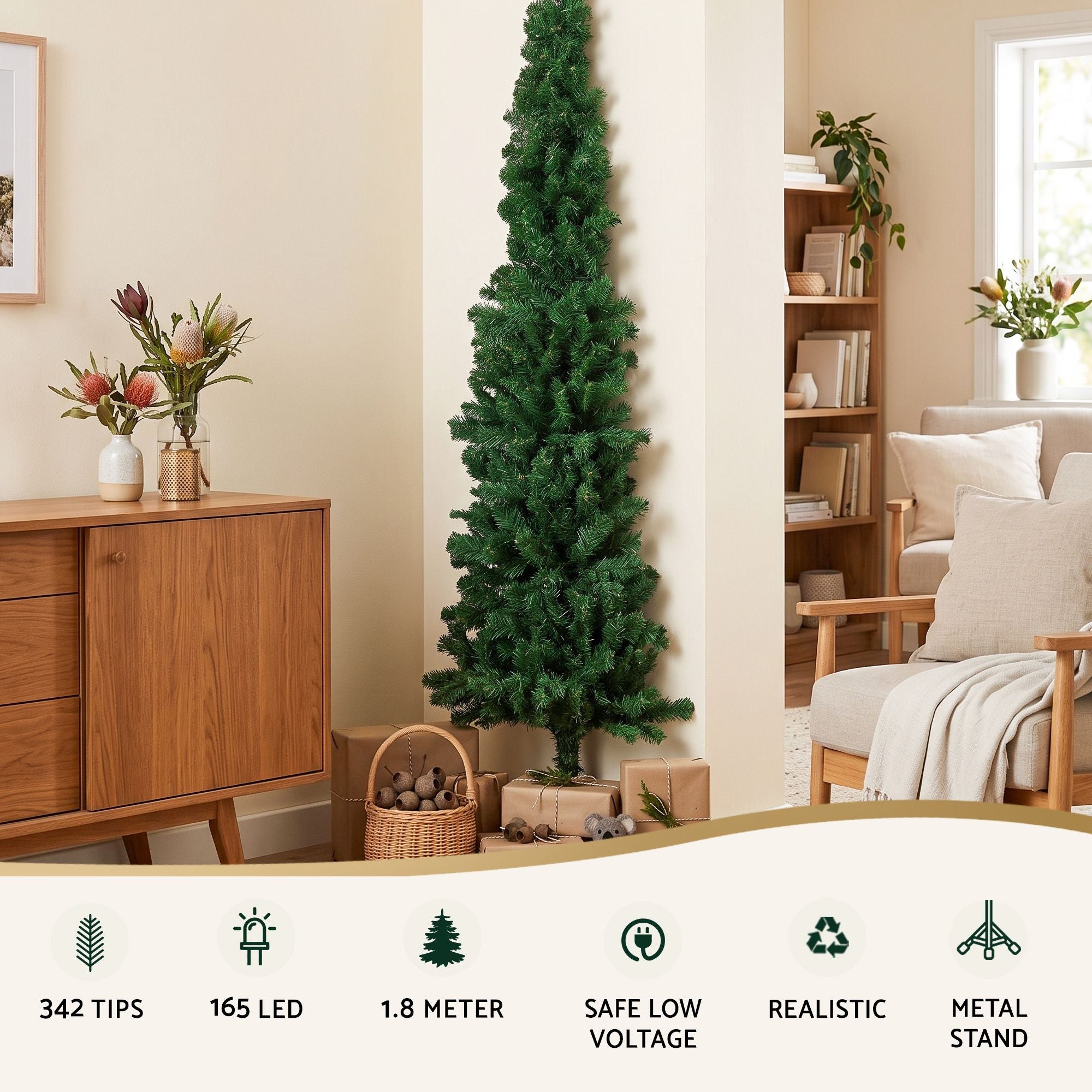 1.8m Pre-Lit Christmas Tree Slim Pencil Xmas Tree Corner Tree