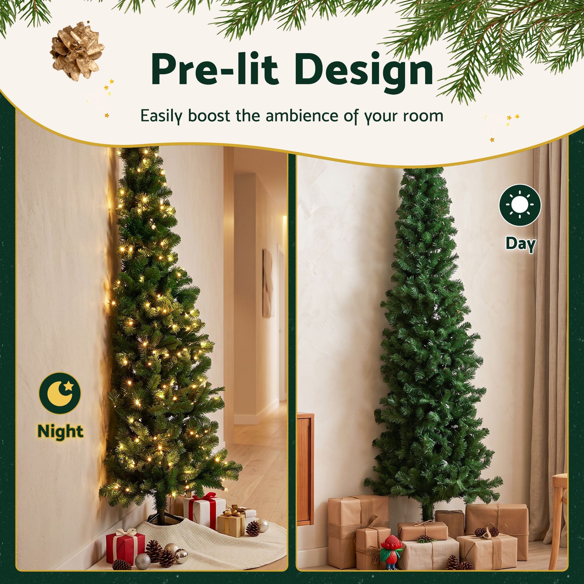 1.8m Pre-Lit Christmas Tree Slim Pencil Xmas Tree Corner Tree