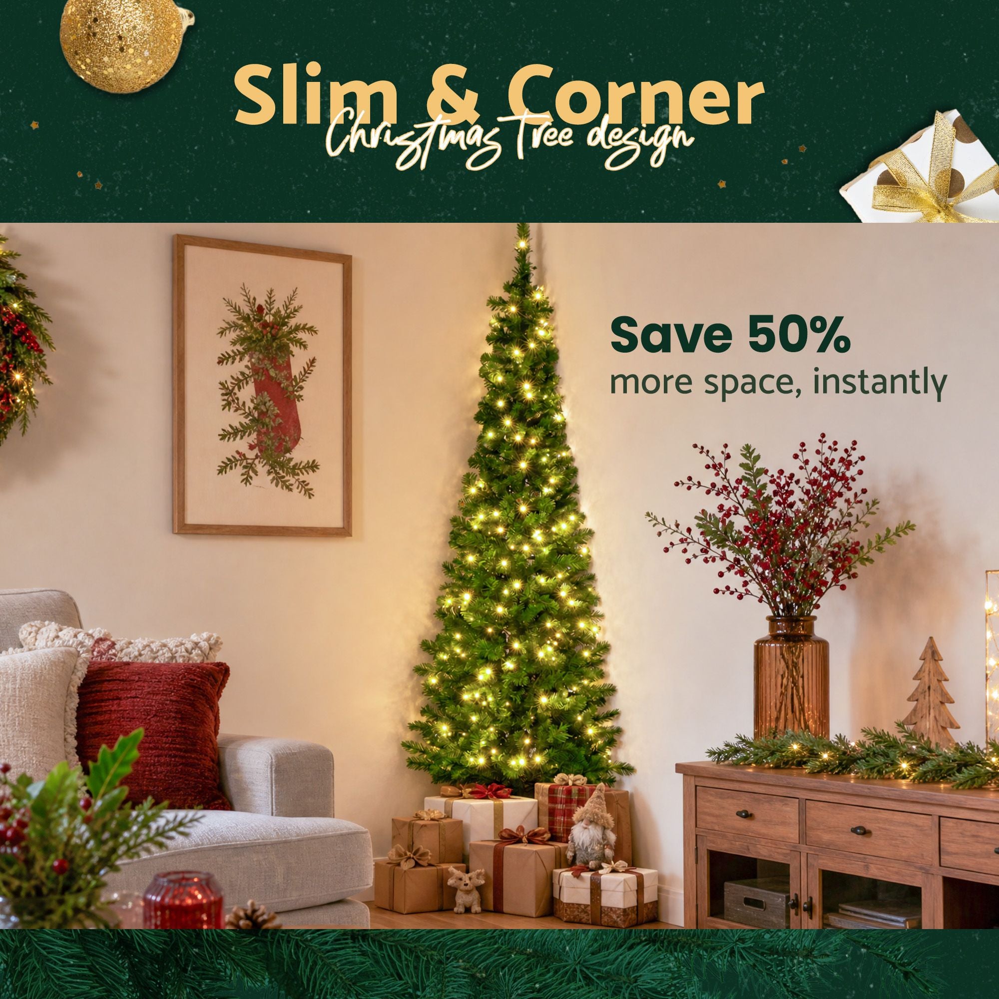1.8m Pre-Lit Christmas Tree Slim Pencil Xmas Tree Corner Tree