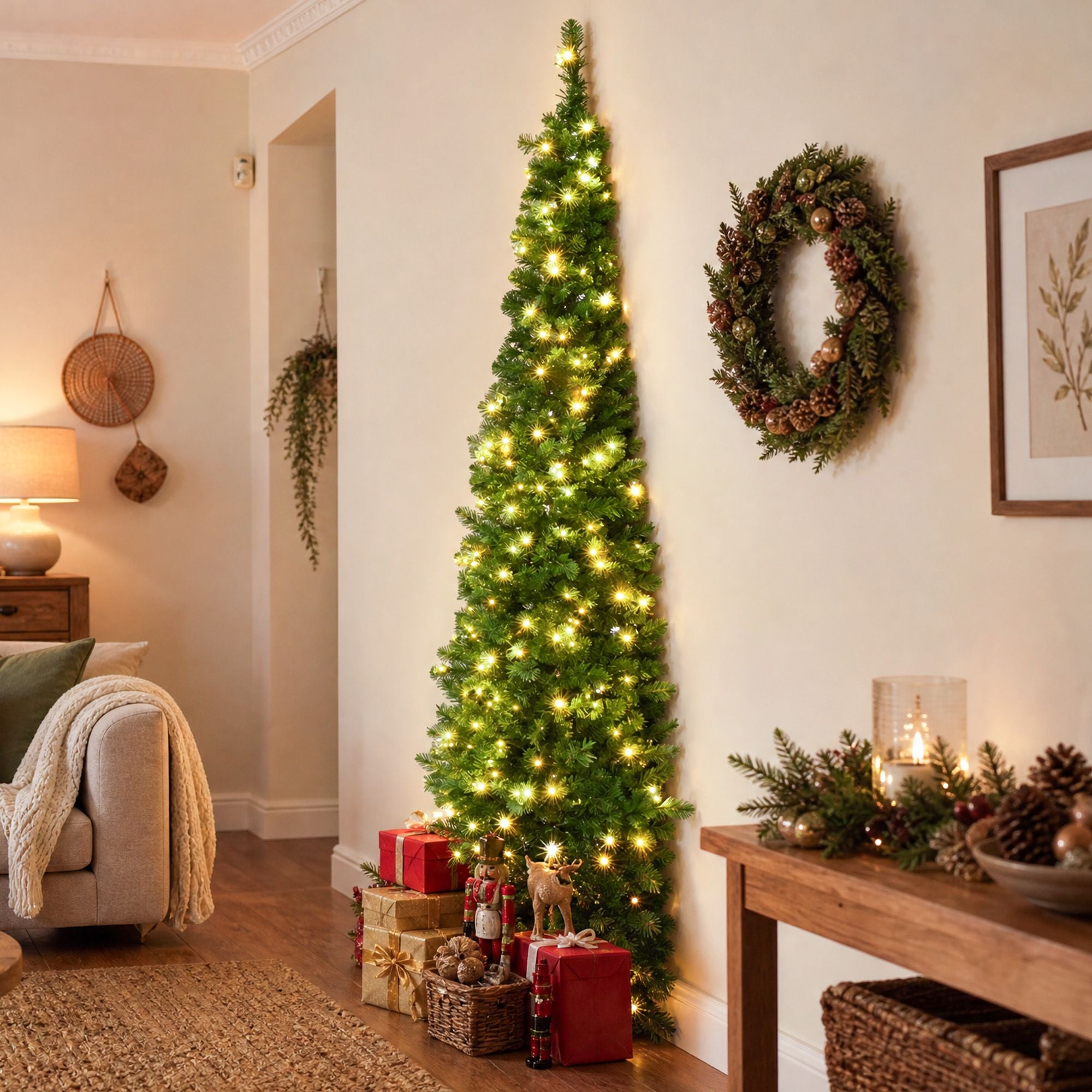 1.8m Pre-Lit Christmas Tree Slim Pencil Xmas Tree Corner Tree
