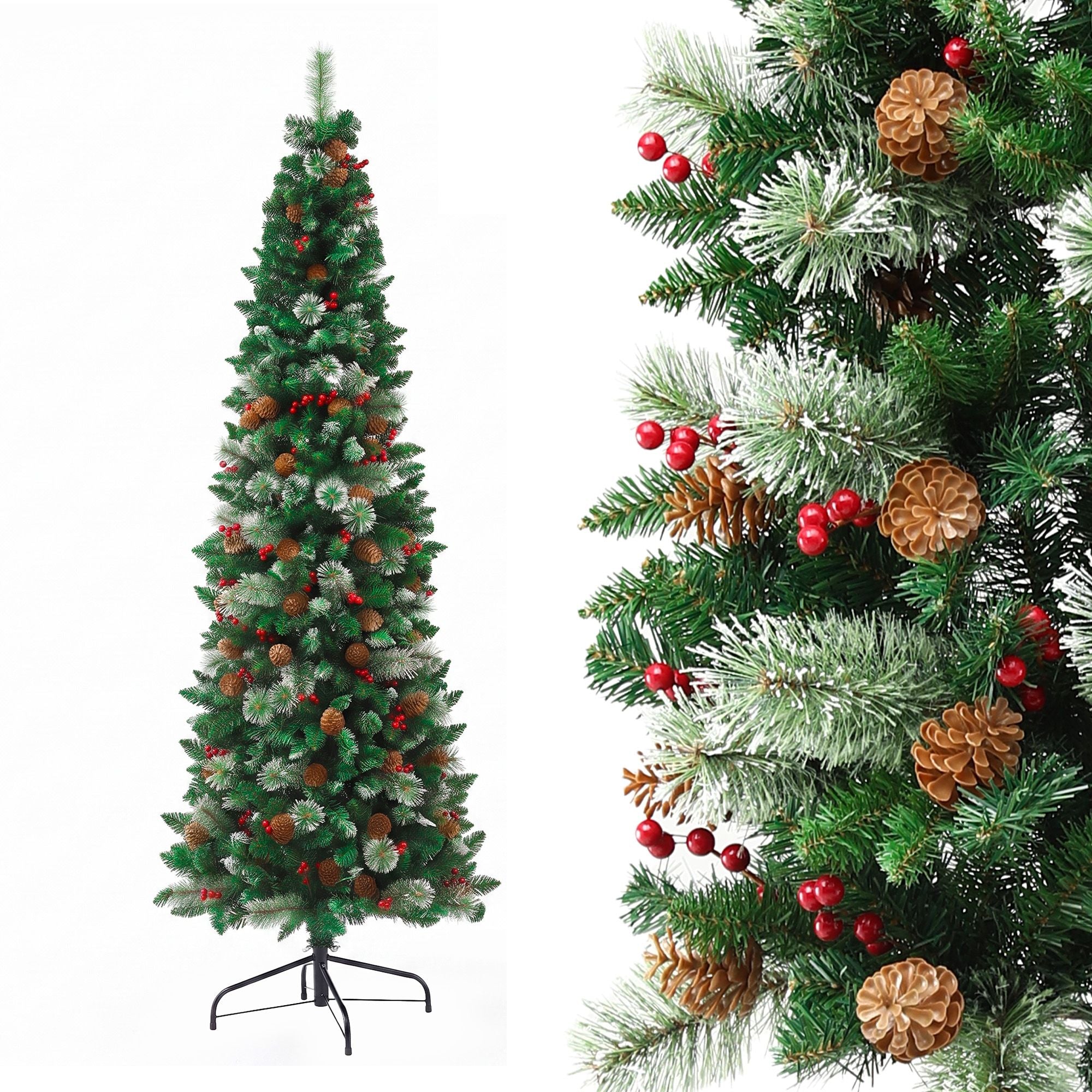 2.1m Artificial Slim Christmas Tree Pine Cone Berry Decor Corner