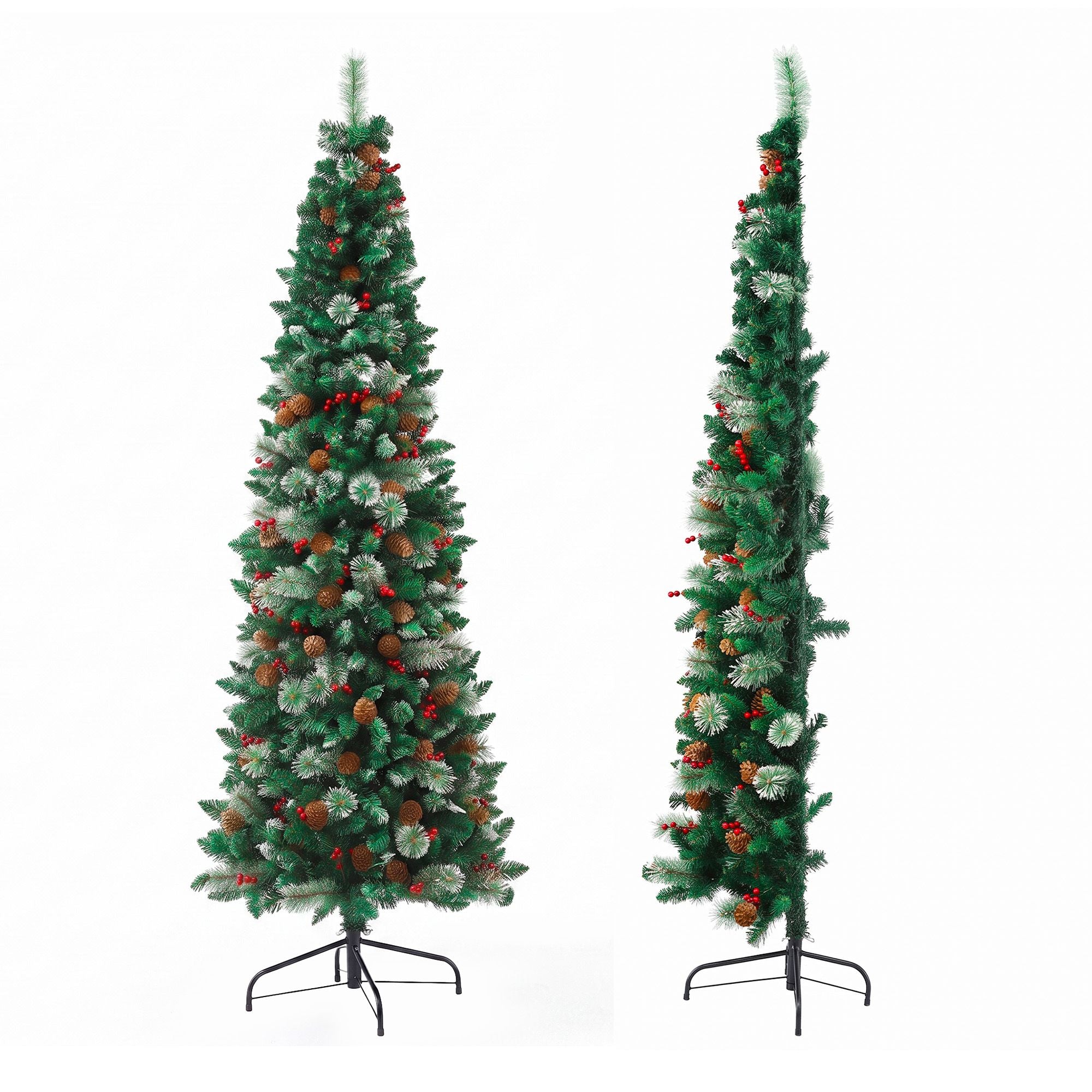2.1m Artificial Slim Christmas Tree Pine Cone Berry Decor Corner