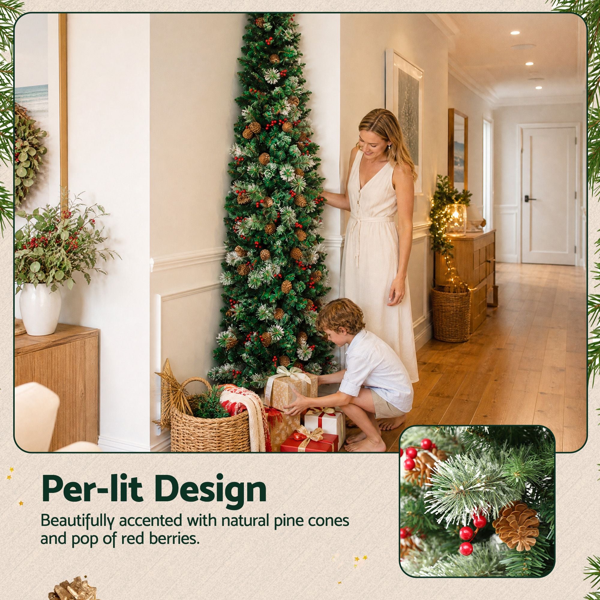 2.1m Artificial Slim Christmas Tree Pine Cone Berry Decor Corner