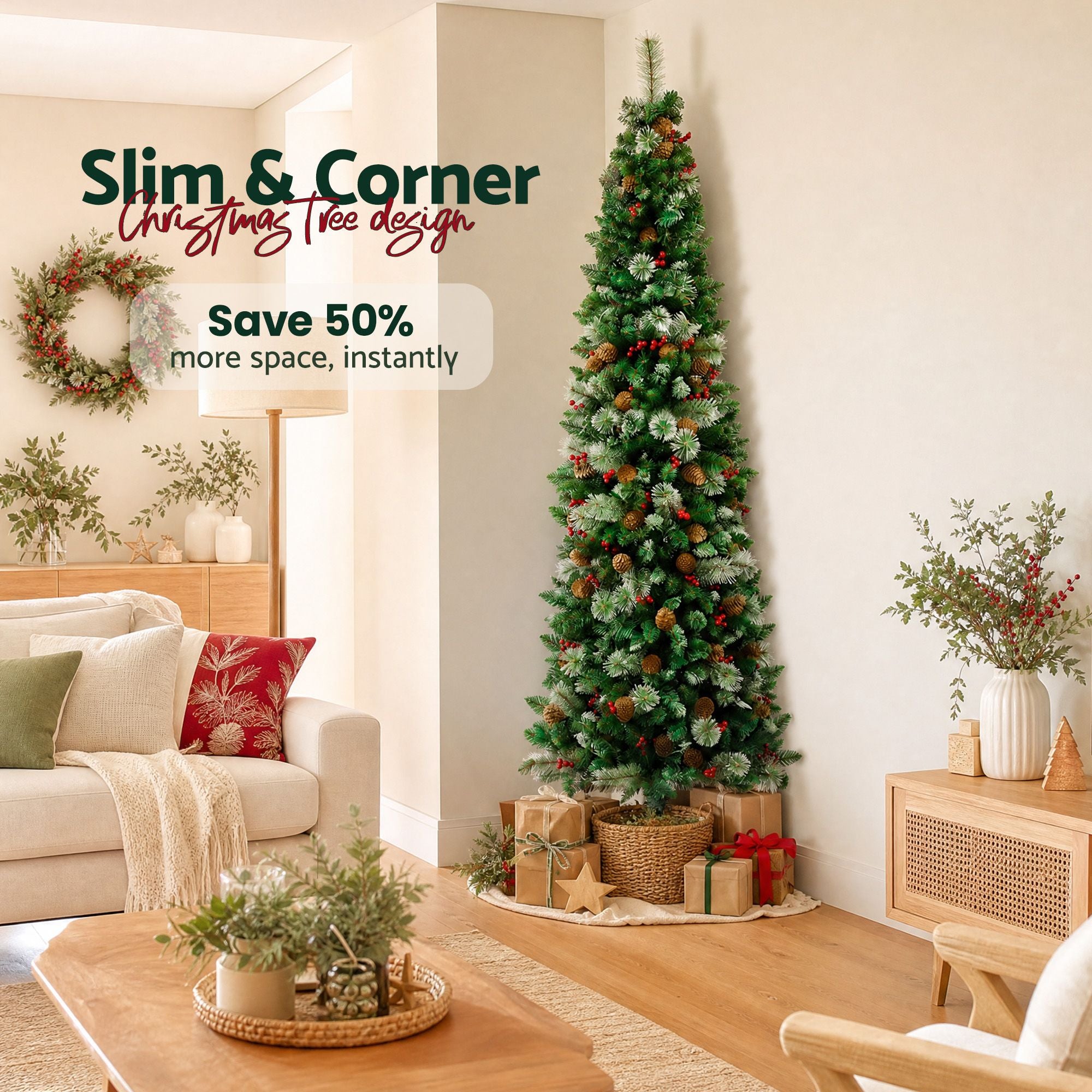 2.1m Artificial Slim Christmas Tree Pine Cone Berry Decor Corner