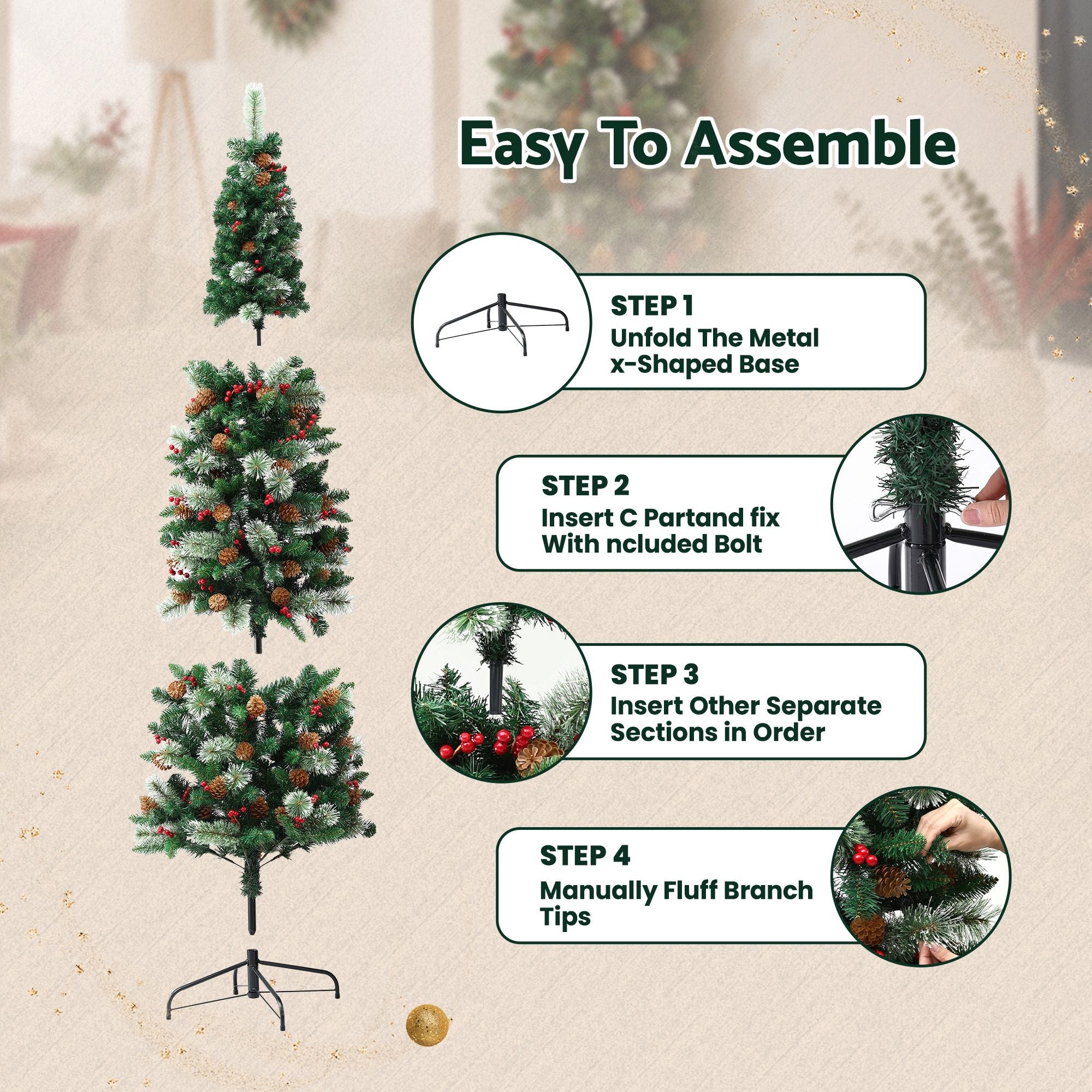 2.1m Artificial Slim Christmas Tree Pine Cone Berry Decor Corner