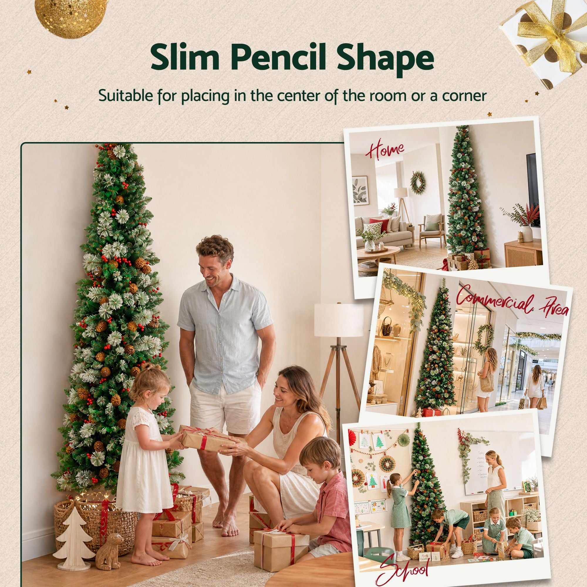 2.1m Artificial Slim Christmas Tree Pine Cone Berry Decor Corner