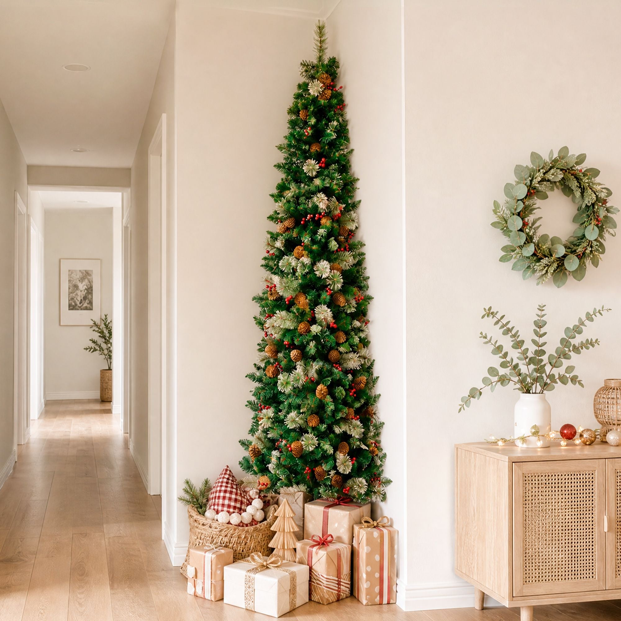 2.1m Artificial Slim Christmas Tree Pine Cone Berry Decor Corner