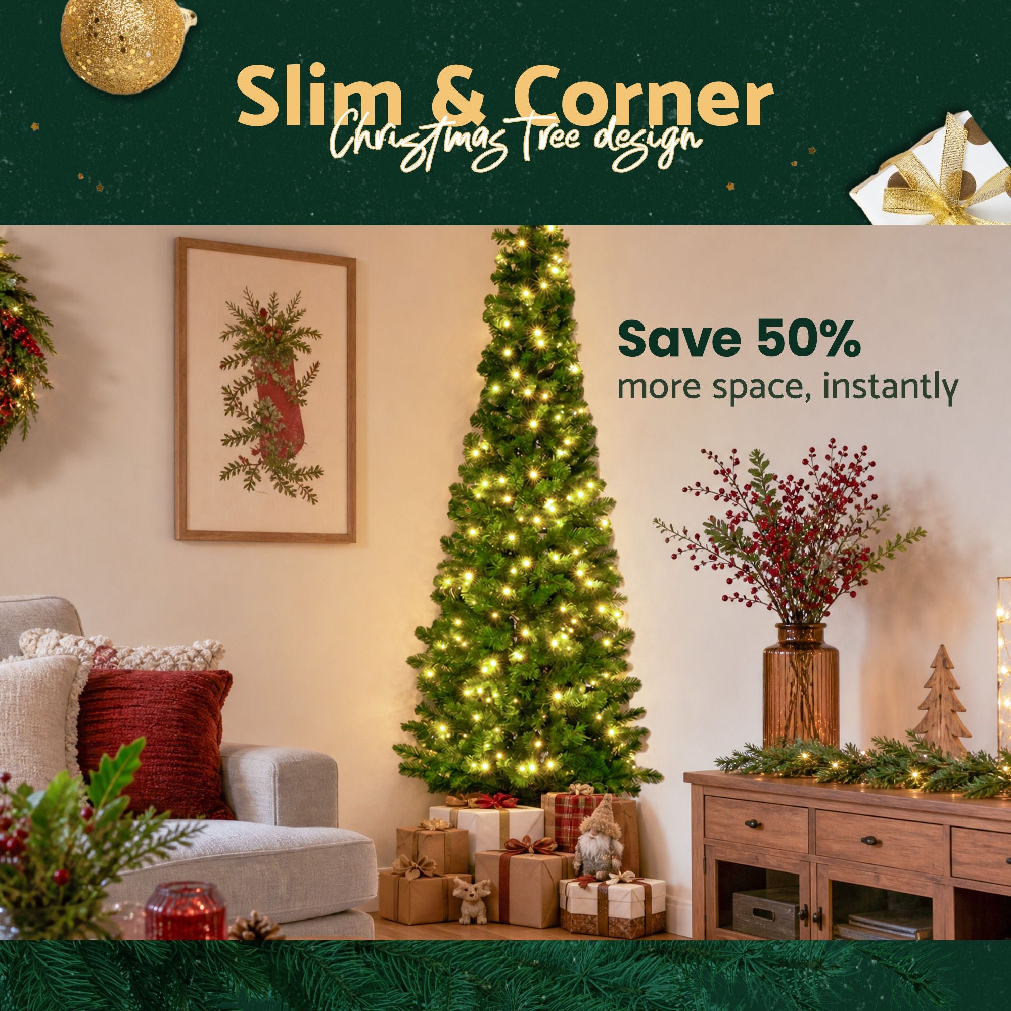 2.4m Pre-Lit Christmas Tree Slim Pencil Xmas Tree Corner Tree