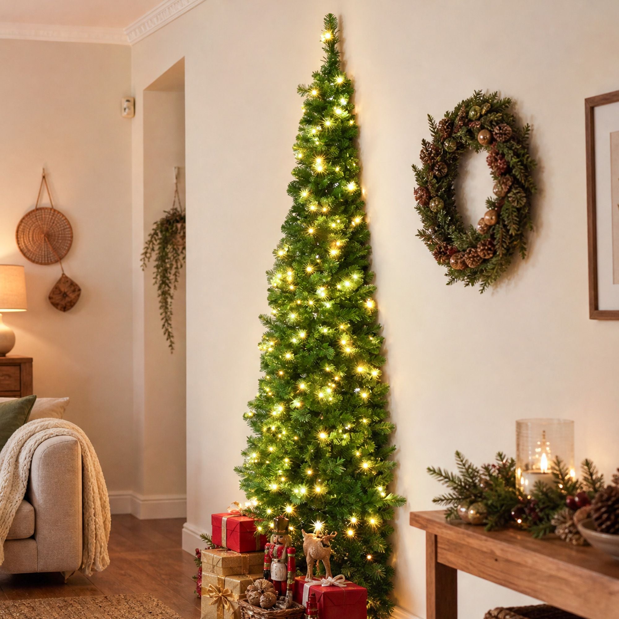 2.4m Pre-Lit Christmas Tree Slim Pencil Xmas Tree Corner Tree