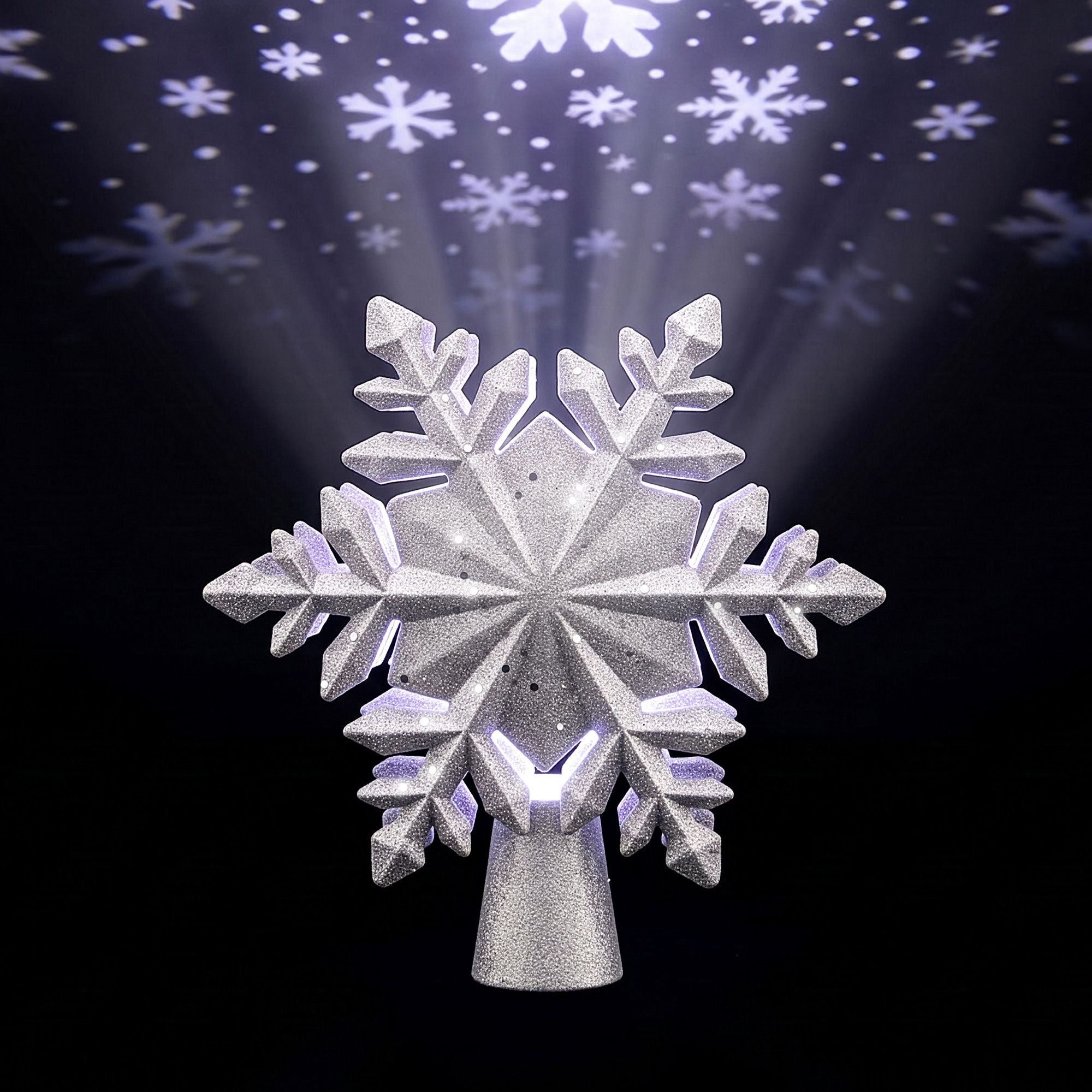Christmas Tree Topper Lighted 360° Rotating Snowflake Projector Silver Glitter