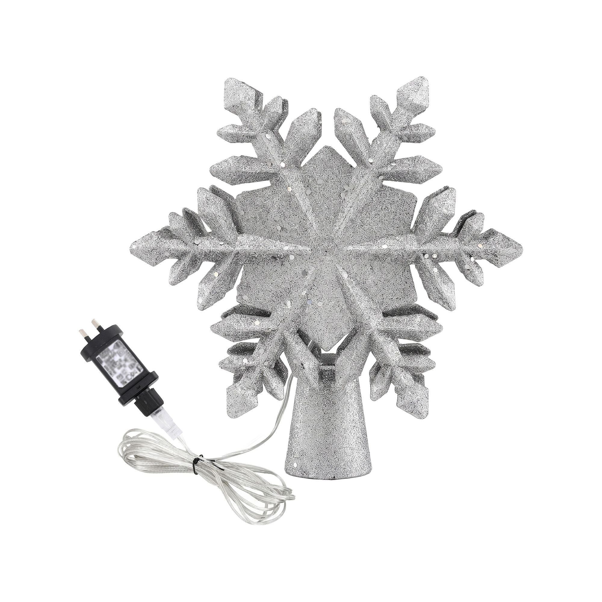 Christmas Tree Topper Lighted 360° Rotating Snowflake Projector Silver Glitter