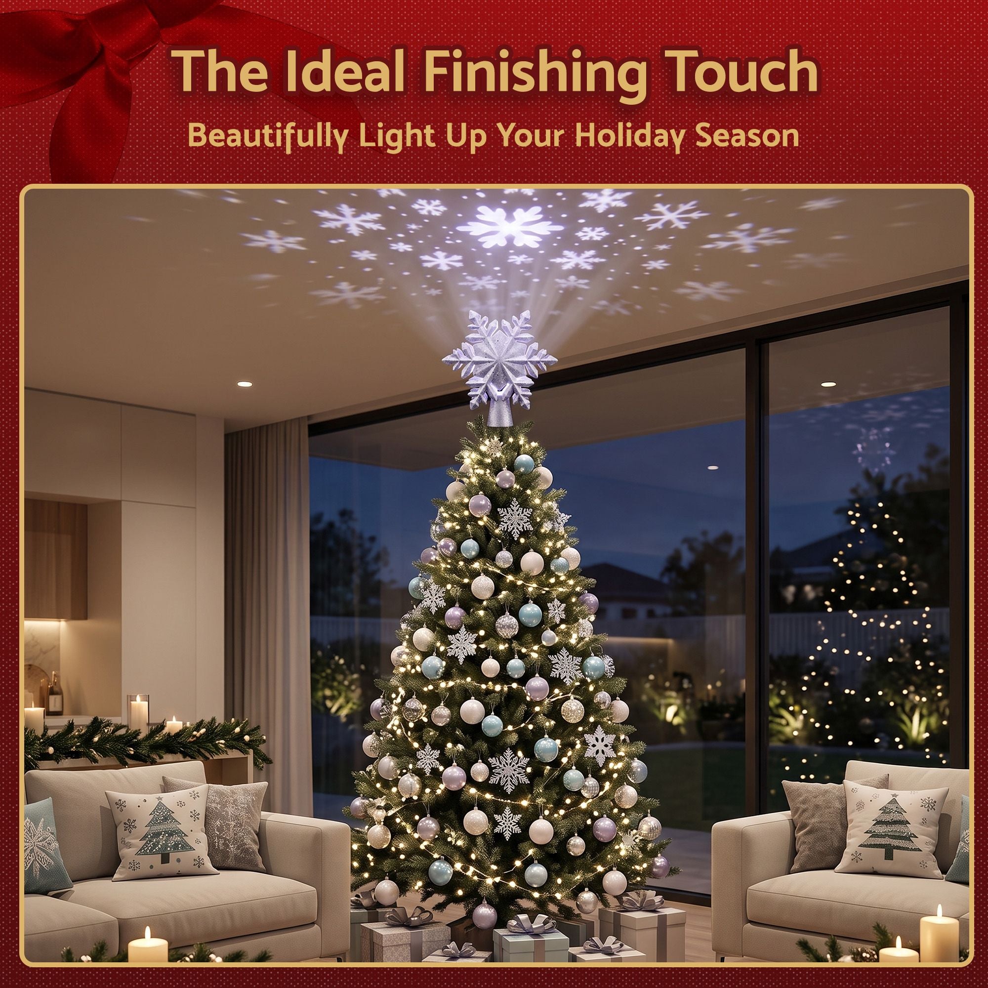 Christmas Tree Topper Lighted 360° Rotating Snowflake Projector Silver Glitter