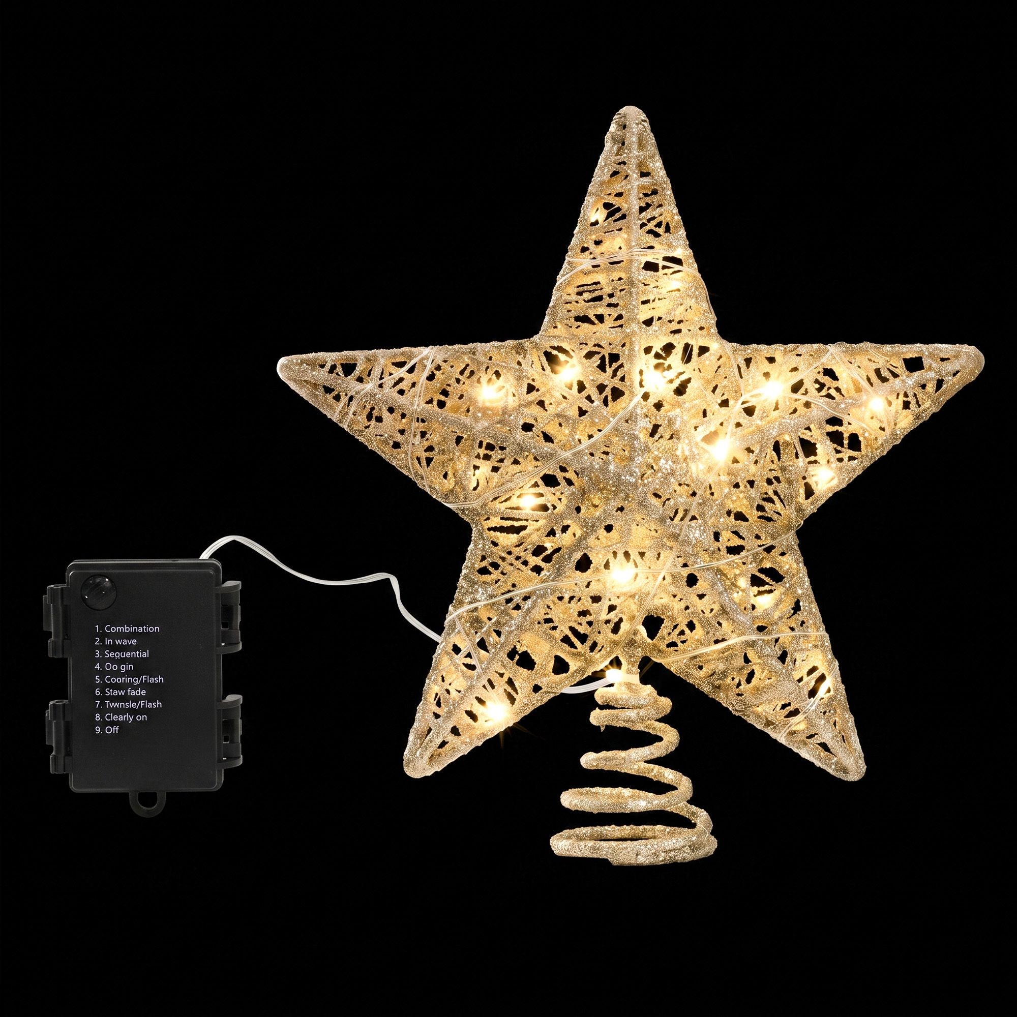 3D Christmas Tree Topper Star 20 Warm LED Lights Gold Glitter