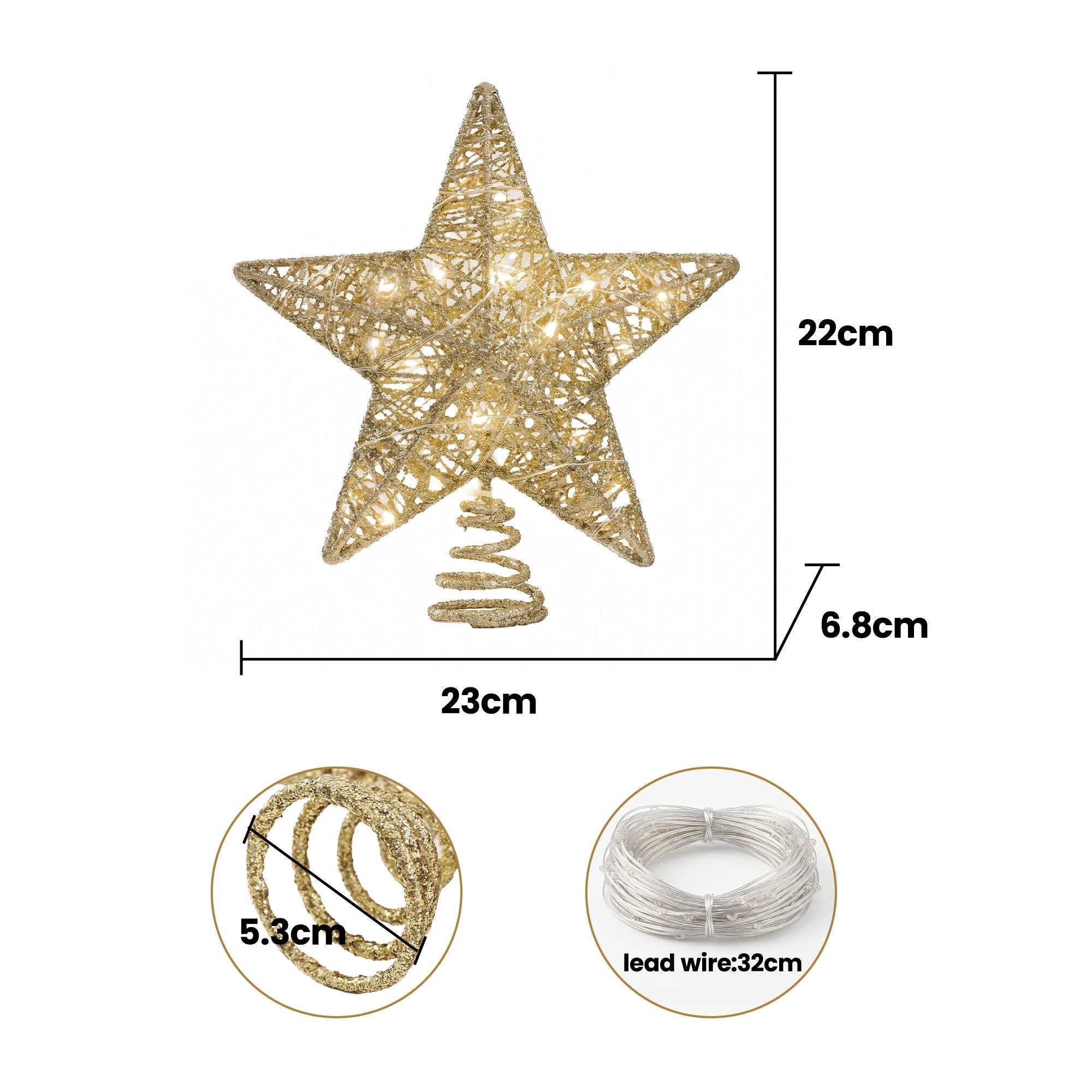 3D Christmas Tree Topper Star 20 Warm LED Lights Gold Glitter