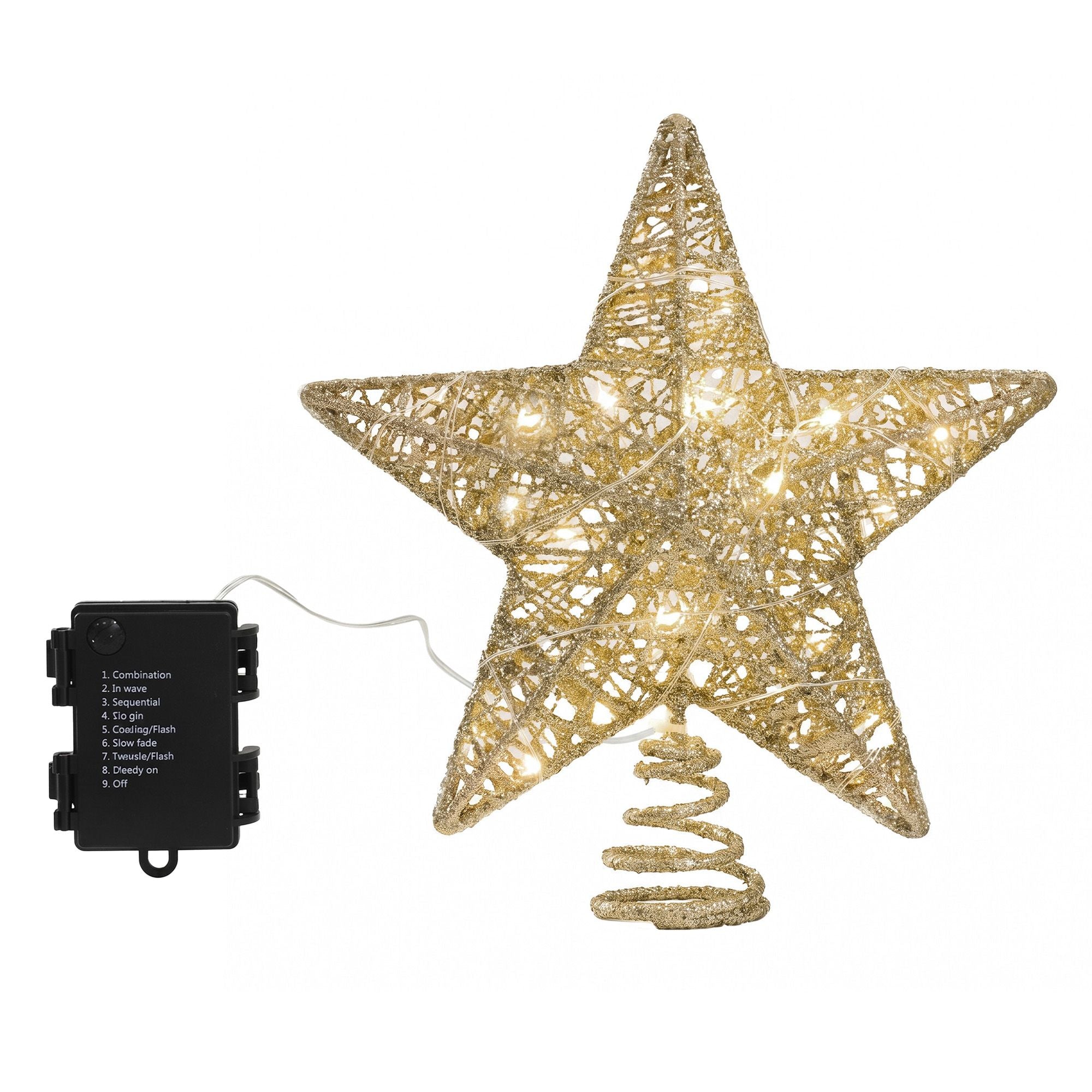 3D Christmas Tree Topper Star 20 Warm LED Lights Gold Glitter
