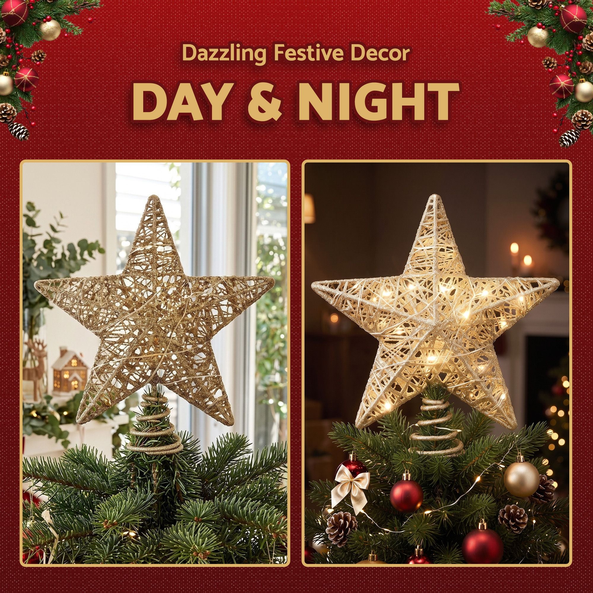 3D Christmas Tree Topper Star 20 Warm LED Lights Gold Glitter