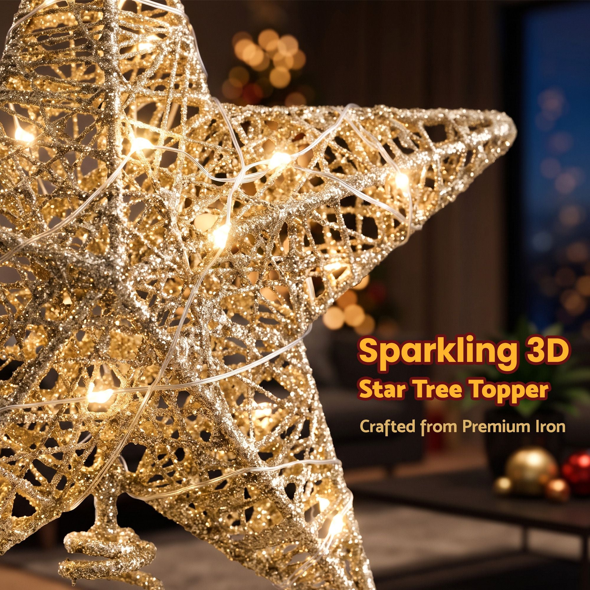 3D Christmas Tree Topper Star 20 Warm LED Lights Gold Glitter