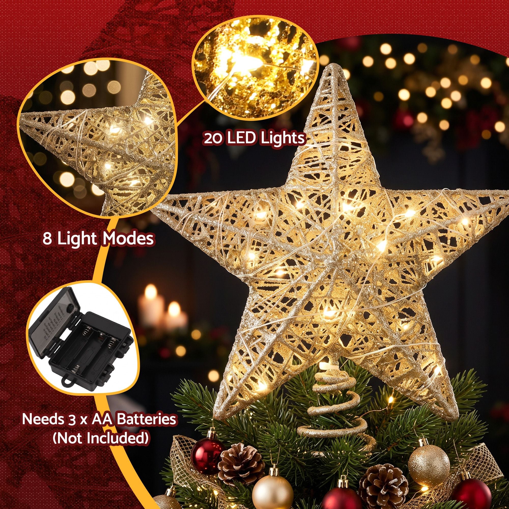 3D Christmas Tree Topper Star 20 Warm LED Lights Gold Glitter